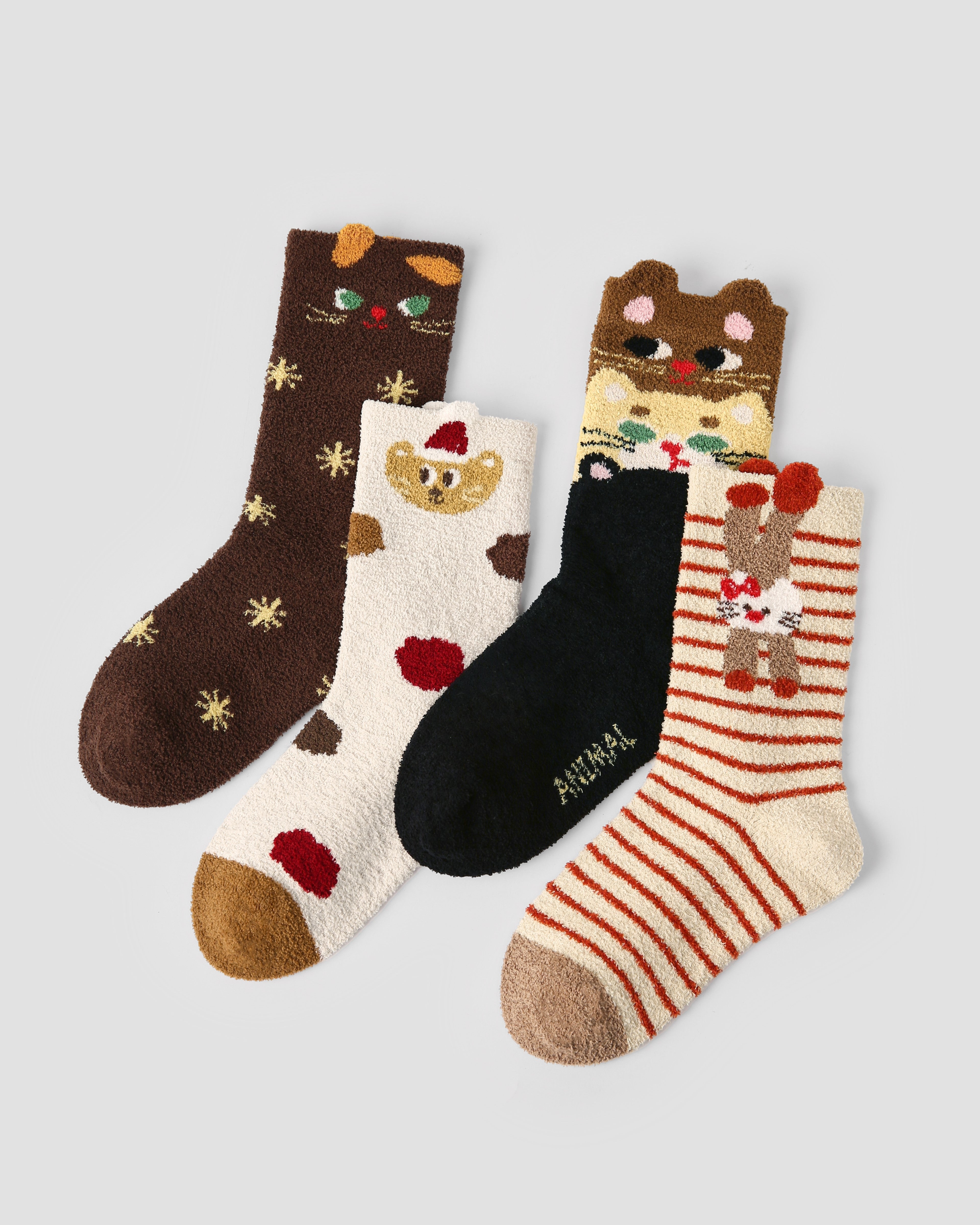 4-Pack Coffee Cat Half Velvet Kids Socks Cozy Soft Coral Fleece Crew