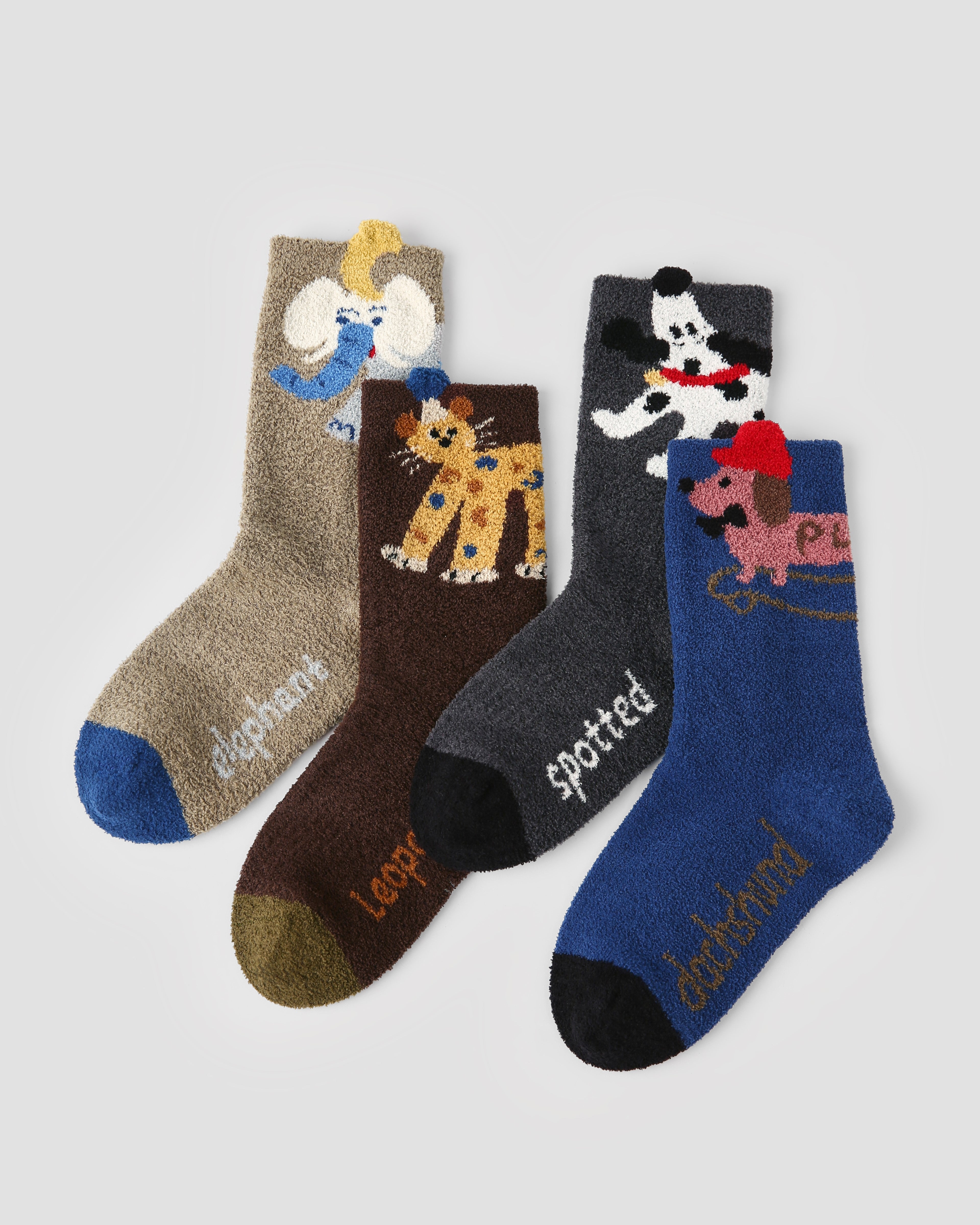 4-Pack Corner Animals Half Velvet Kids Socks Cozy Soft Coral Fleece Crew