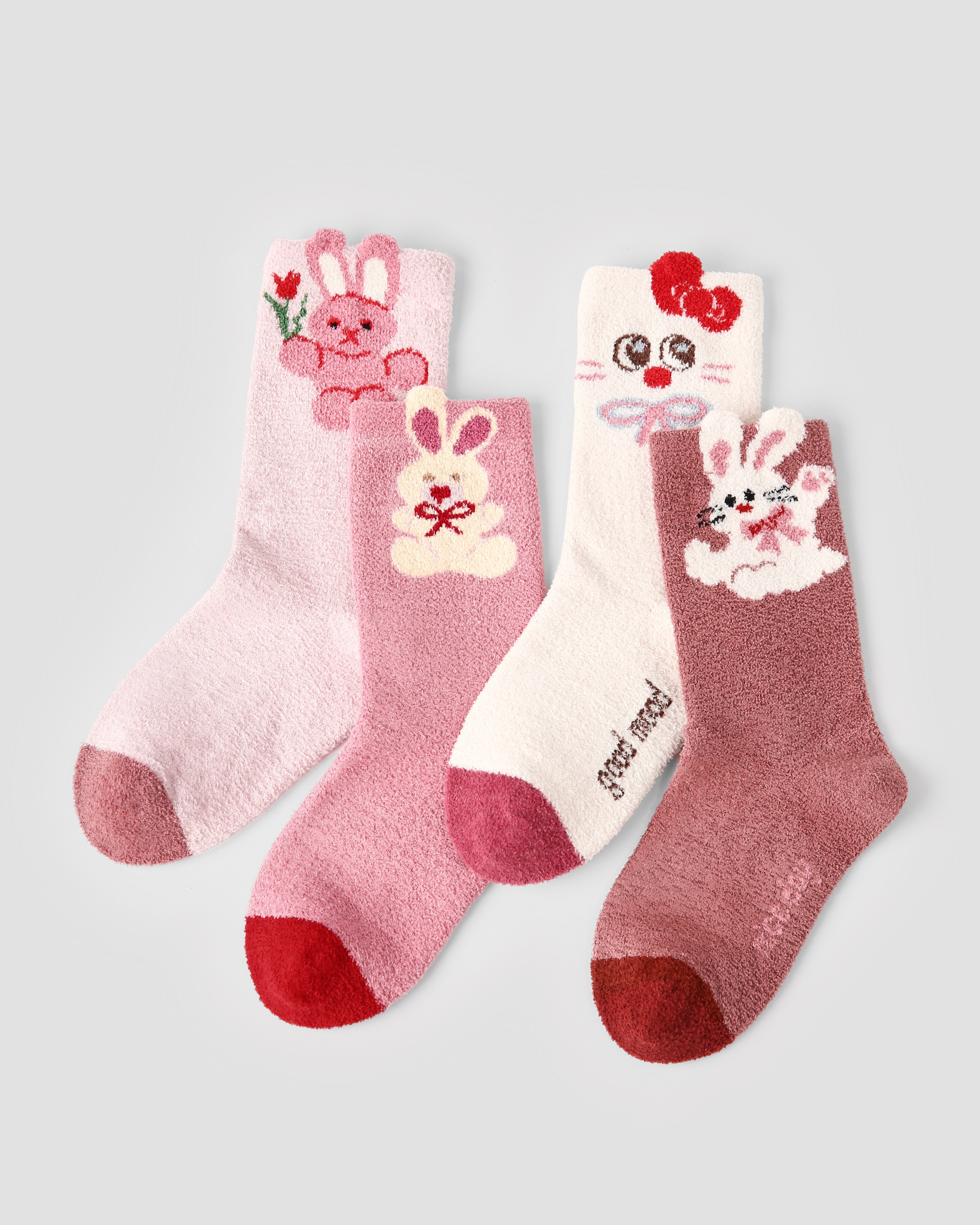 4-Pack Cream Bunny Half Velvet Kids Socks Cozy Soft Coral Fleece Crew