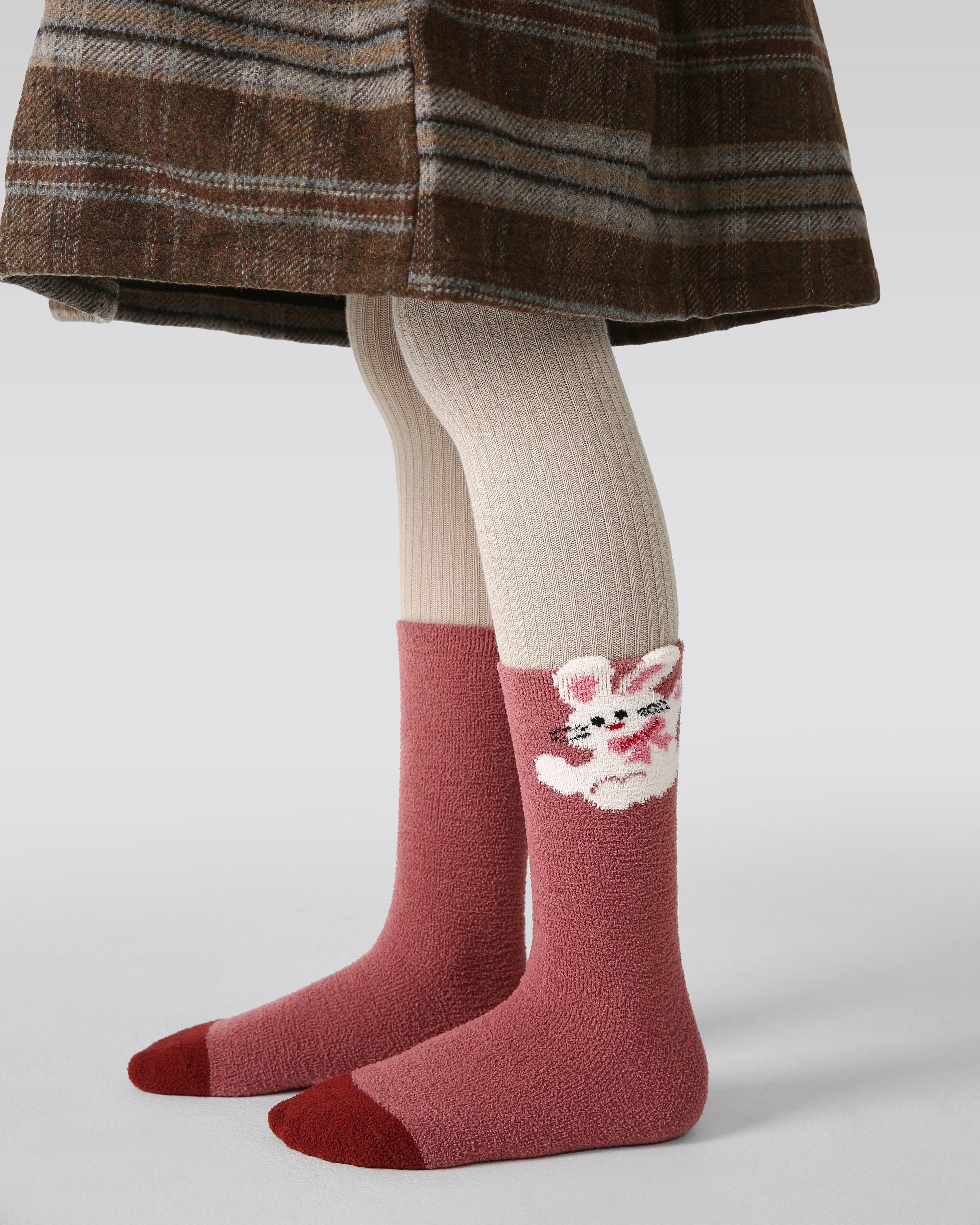 4-Pack Cream Bunny Half Velvet Kids Socks Cozy Soft Coral Fleece Crew