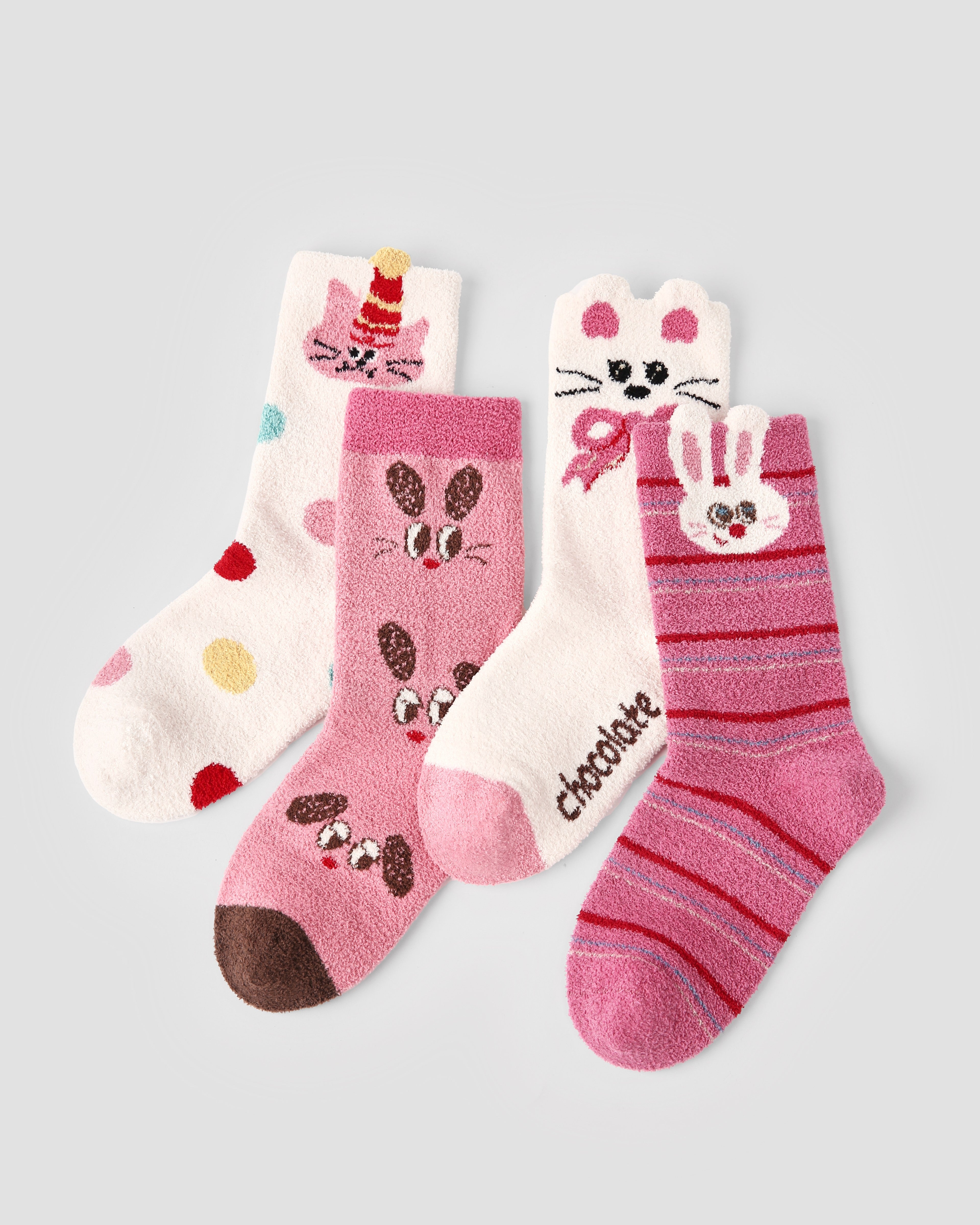 4-Pack Cute Cat Rabbit Half Velvet Kids Socks Cozy Soft Coral Fleece Crew