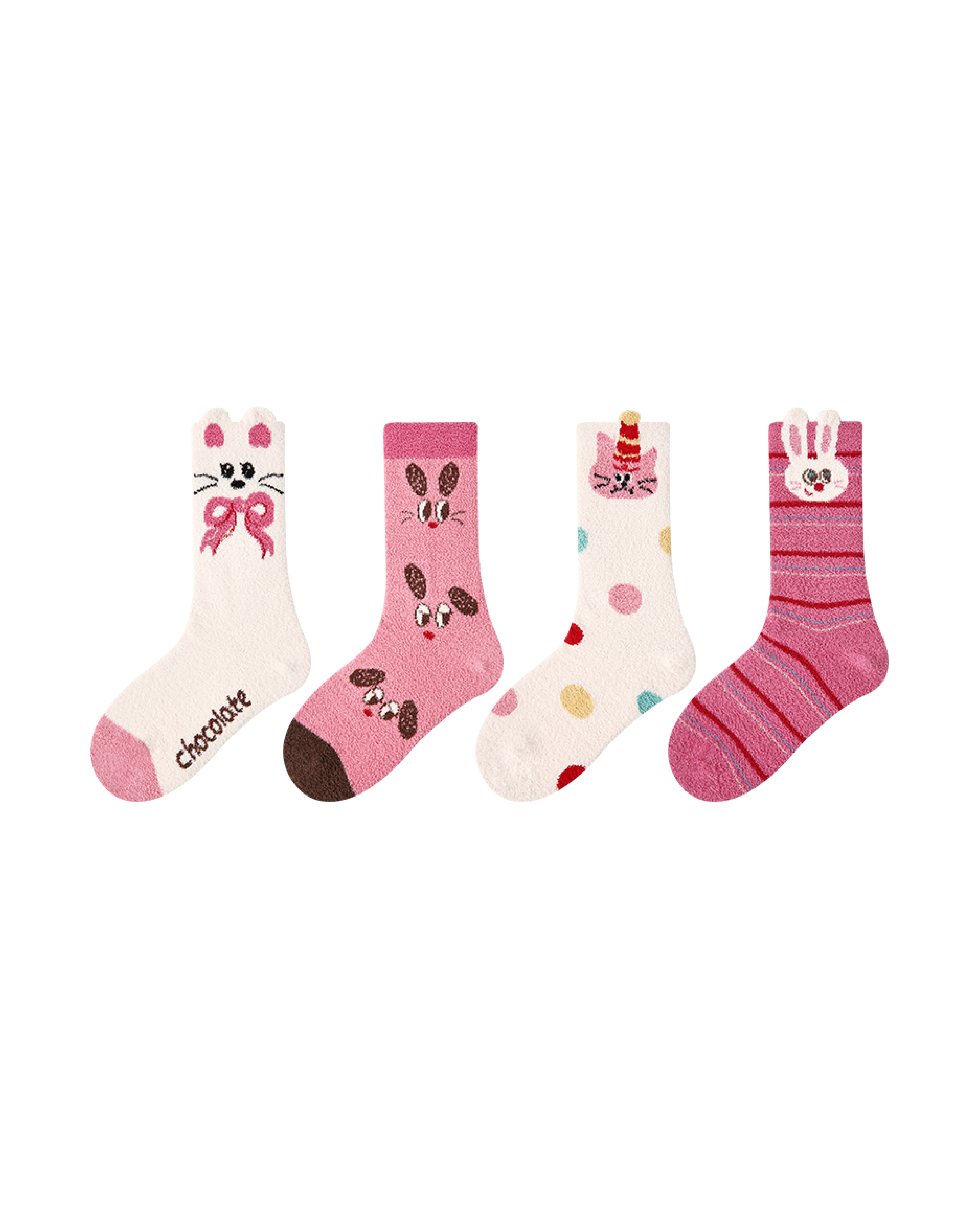4-Pack Cute Cat Rabbit Half Velvet Kids Socks Cozy Soft Coral Fleece Crew