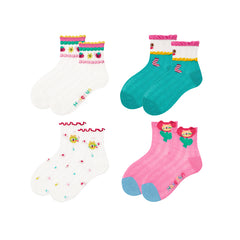 Sweetnana 4-Pack Cute Trendy Ankle Socks: Cuff Crimping Design with Cartoon Pattern, Thin Breathable Seamless Socks for Spring/Summer.