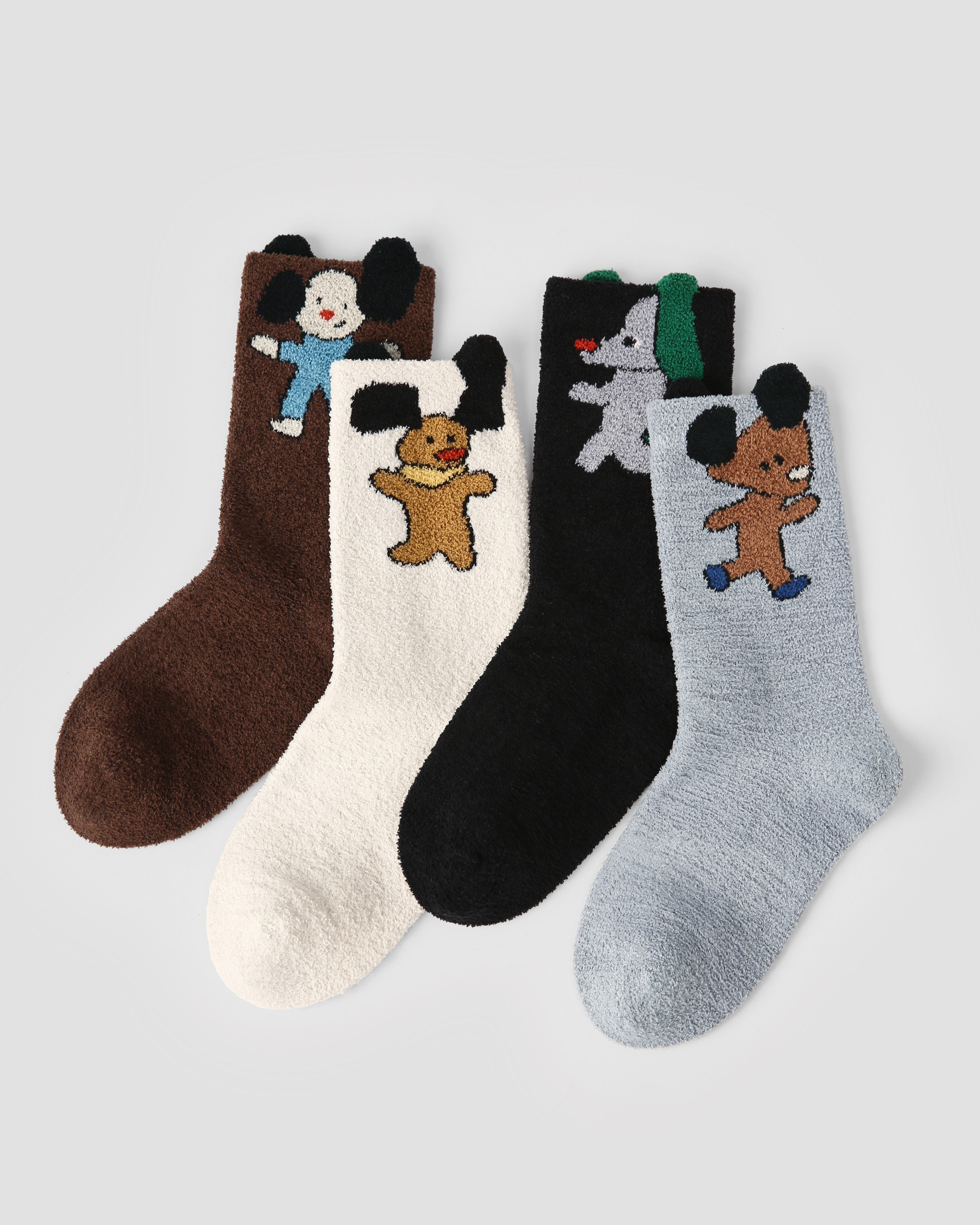 4-Pack Dog Action Half Velvet Kids Socks Cozy Soft Coral Fleece Crew