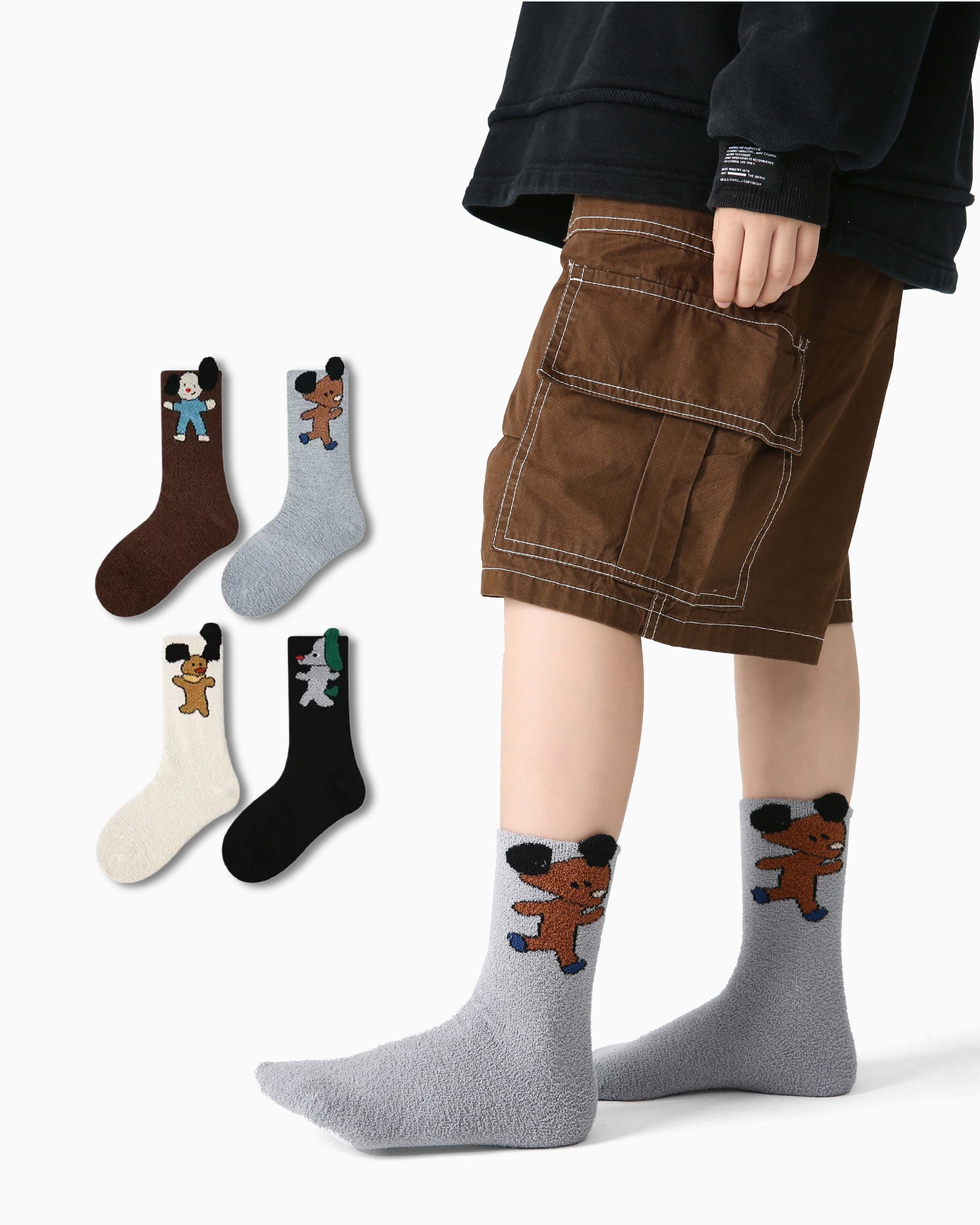 4-Pack Dog Action Half Velvet Kids Socks Cozy Soft Coral Fleece Crew