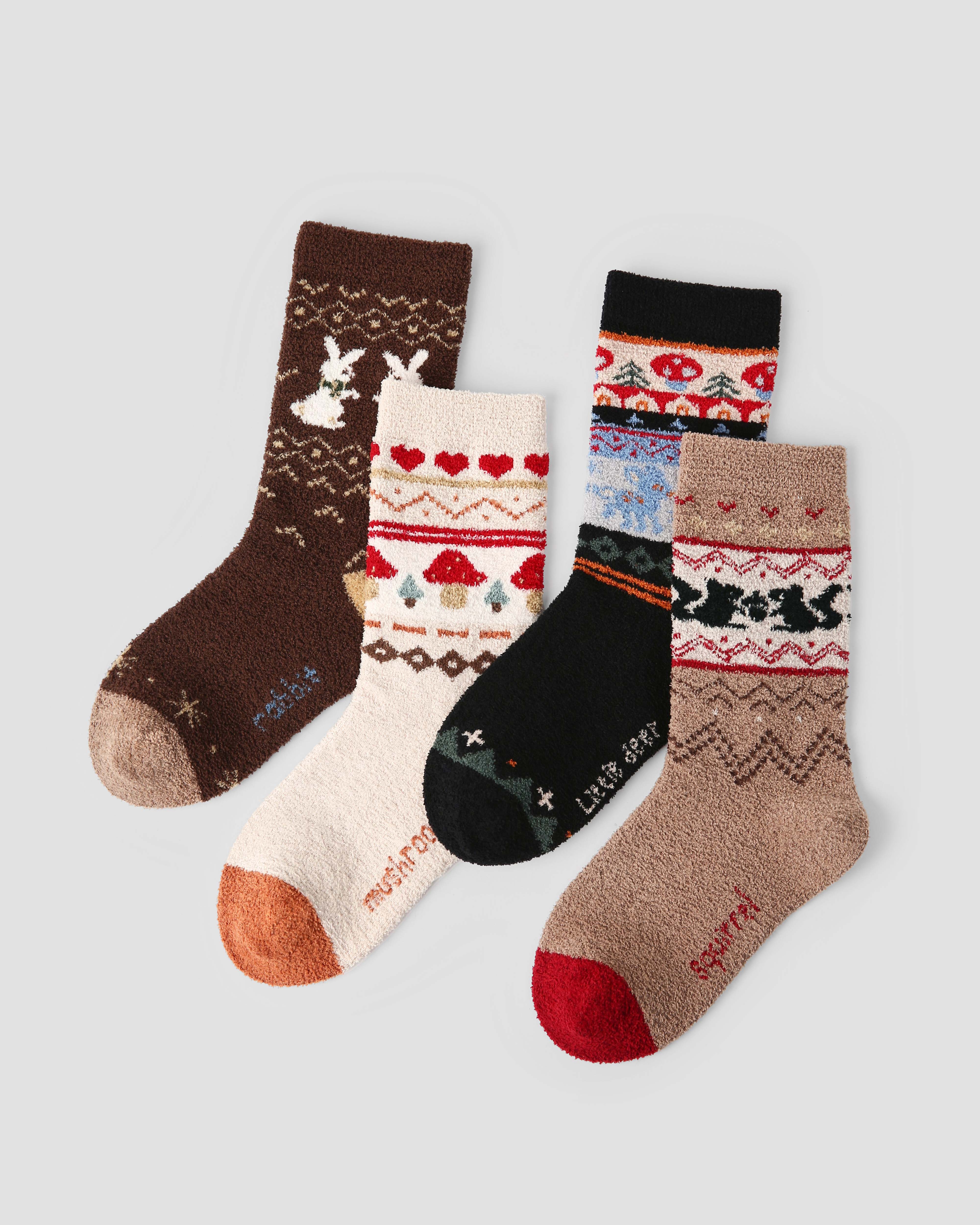 4-Pack Forest Adventure Half Velvet Kids Socks Cozy Soft Coral Fleece Crew