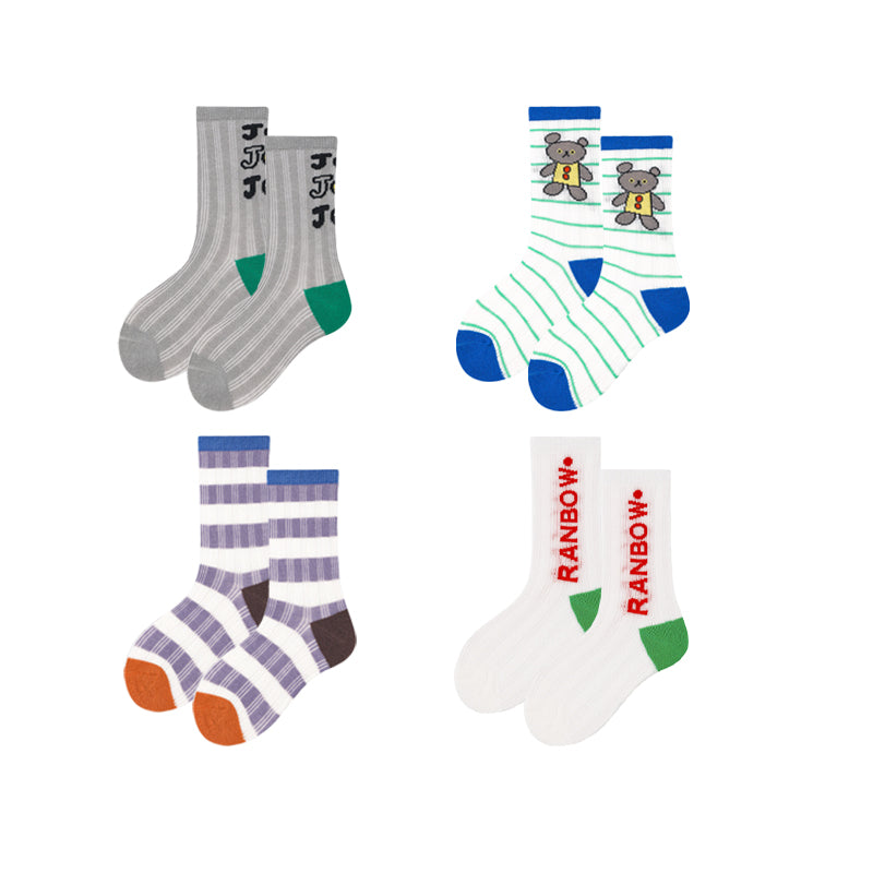 4-Pack Kids' Cotton Crew Socks Gummy Grizzly Bear Stripe Casual