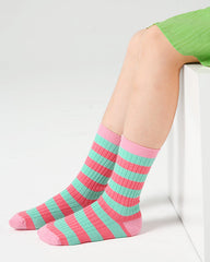 Sweetnana 4-Pack Kids Girls Crew Socks for 3-12 Years Old Bright Colorful Stripes Design Cotton Cozy Seamless Socks.