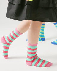 Sweetnana 4-Pack Kids Girls Crew Socks for 3-12 Years Old Bright Colorful Stripes Design Cotton Cozy Seamless Socks.