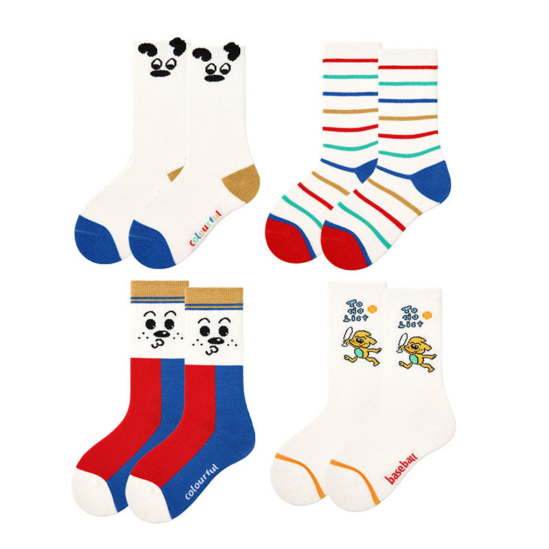 4 Pack Kids Baseball Puppy Series Cute Socks Casual Versatile Cozy Cotton Socks