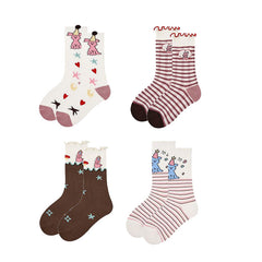 Sweetnana 4-Pack "Mousse Party" Series Autumn and Winter Kids Socks: Girls Cozy Crew Socks with Frilly Ruffled for Kids 3-12 Years Old, Stripe and Cartoon Pattern, Warm and Comfortable.