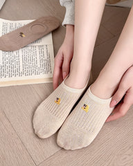 Sweetnana 4-Pack No Show Socks for Women Cotton Thin Low Cut Non Slip for Spring and Summer Animal Embroidery Brown Series Cute Socks