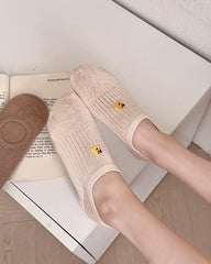 Sweetnana 4-Pack No Show Socks for Women Cotton Thin Low Cut Non Slip for Spring and Summer Animal Embroidery Brown Series Cute Socks