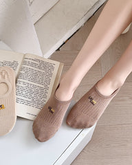 Sweetnana 4-Pack No Show Socks for Women Cotton Thin Low Cut Non Slip for Spring and Summer Animal Embroidery Brown Series Cute Socks
