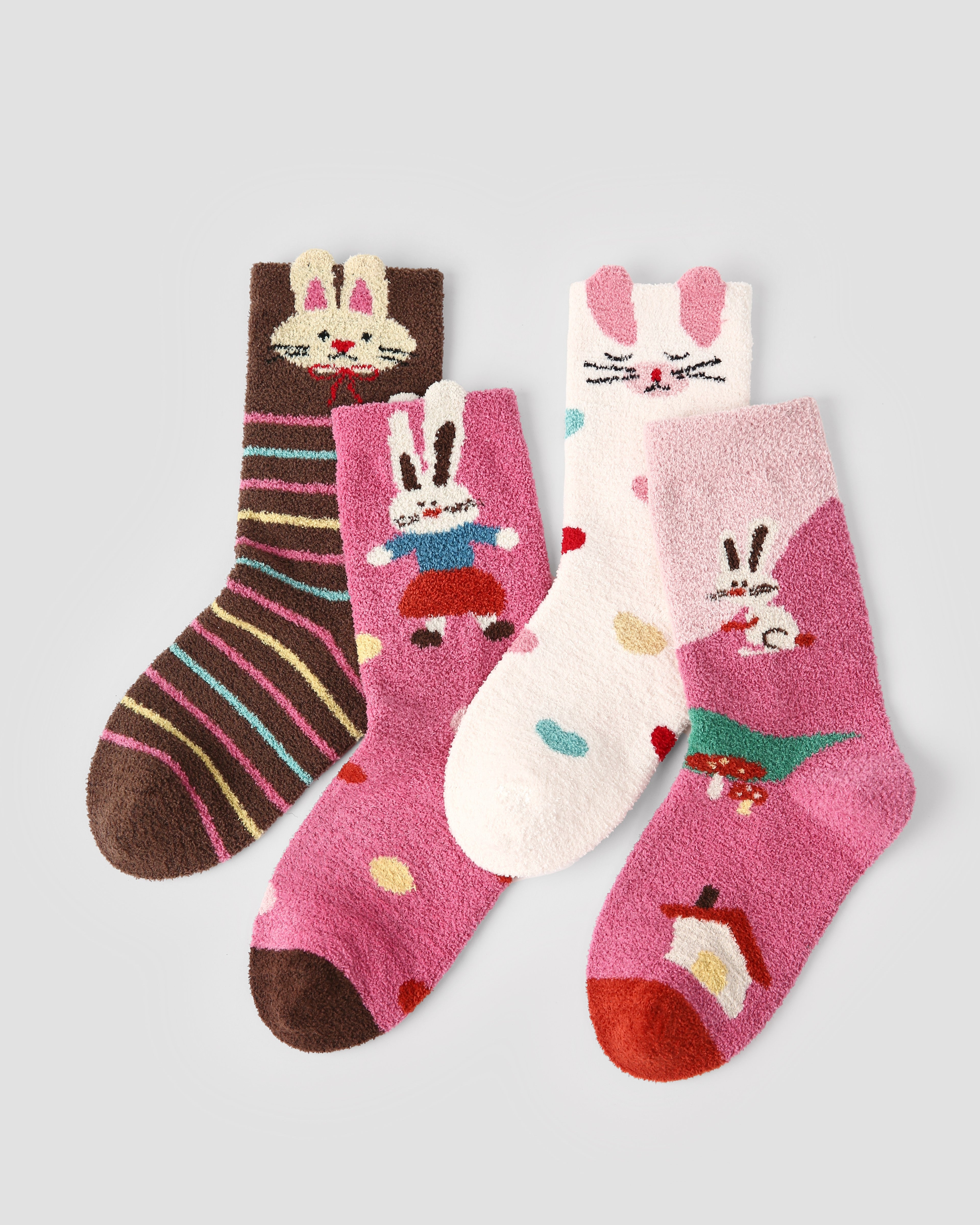 4-Pack Pink Coffee Velvet Rabbit Half Velvet Kids Socks Cozy Soft Coral Fleece Crew