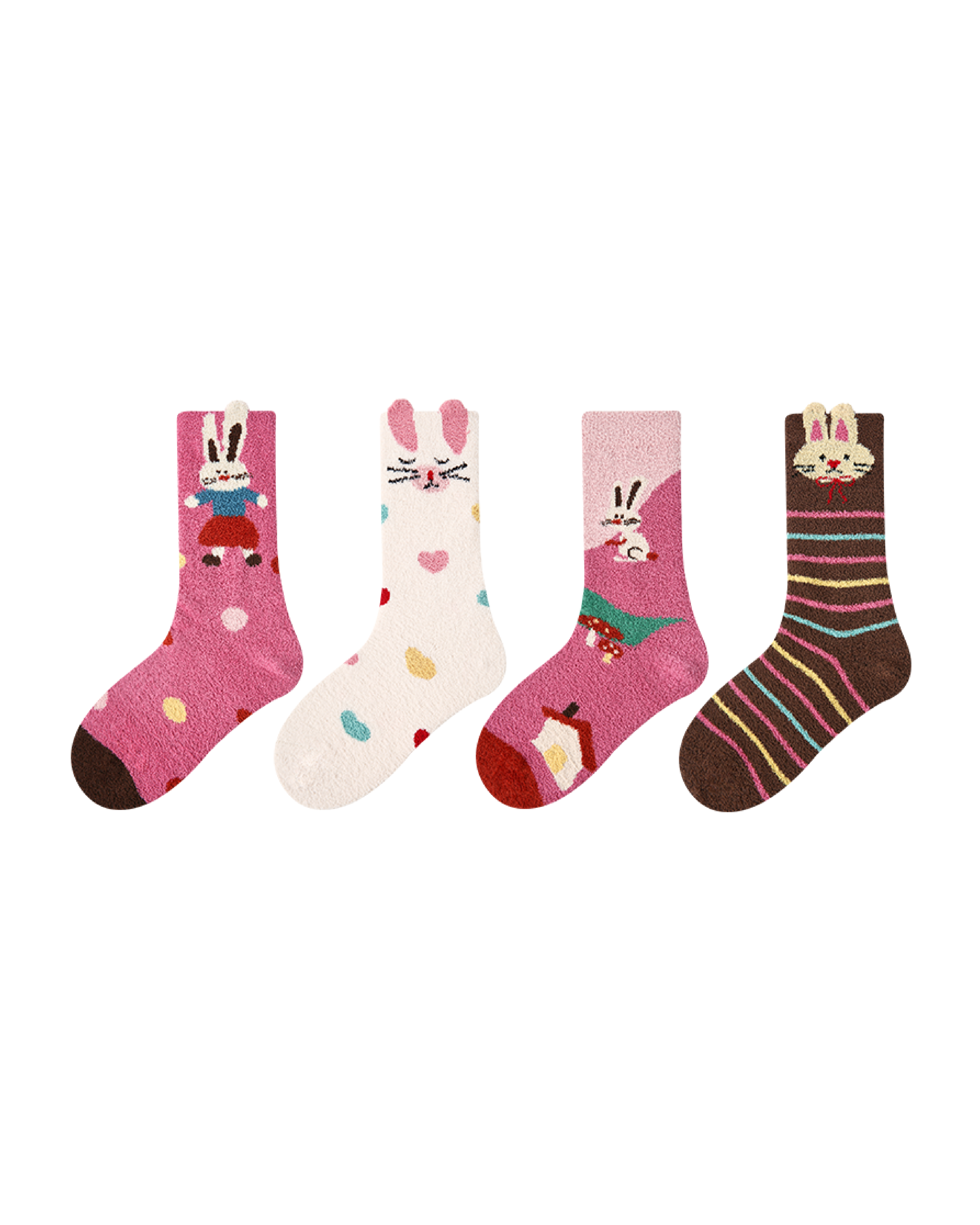 4-Pack Pink Coffee Velvet Rabbit Half Velvet Kids Socks Cozy Soft Coral Fleece Crew