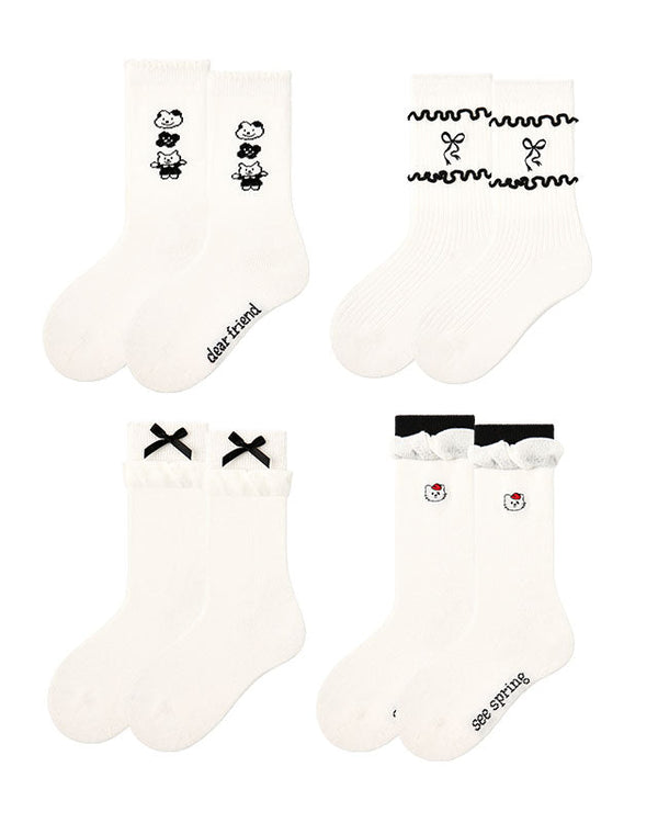 4-Pack Simple Bunny Series Kids Socks Crew Cute Girls Socks - SWEET NANA