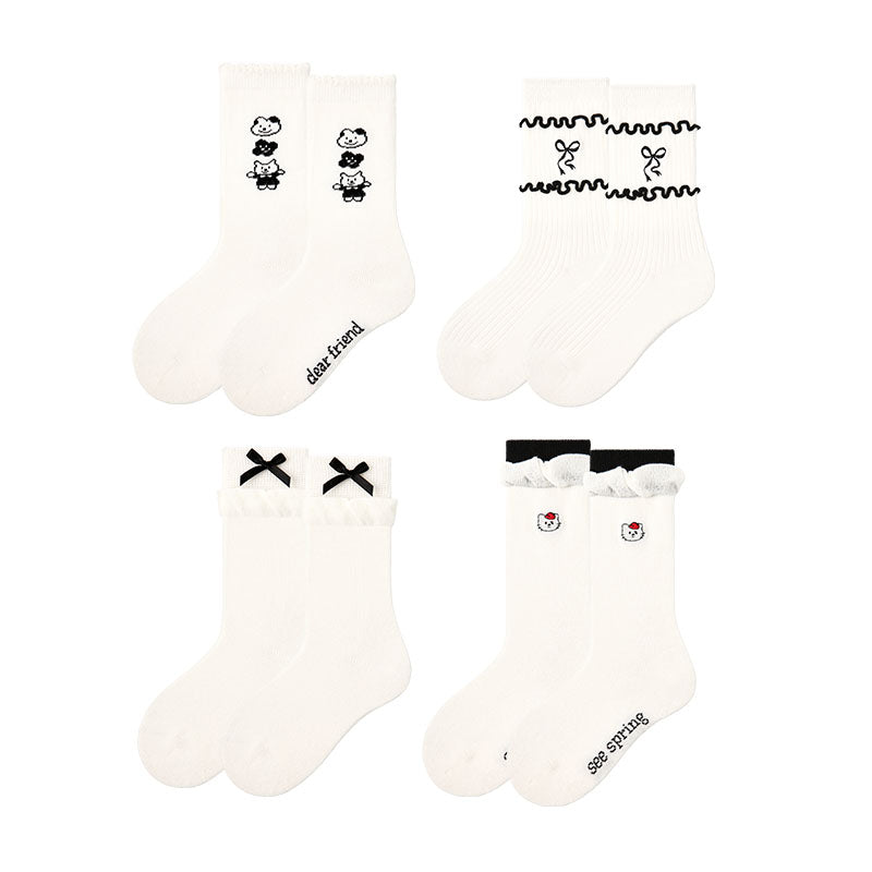 4-Pack Simple Bunny Series Kids Socks Crew Cute Cartoon Breathable  Girls Socks