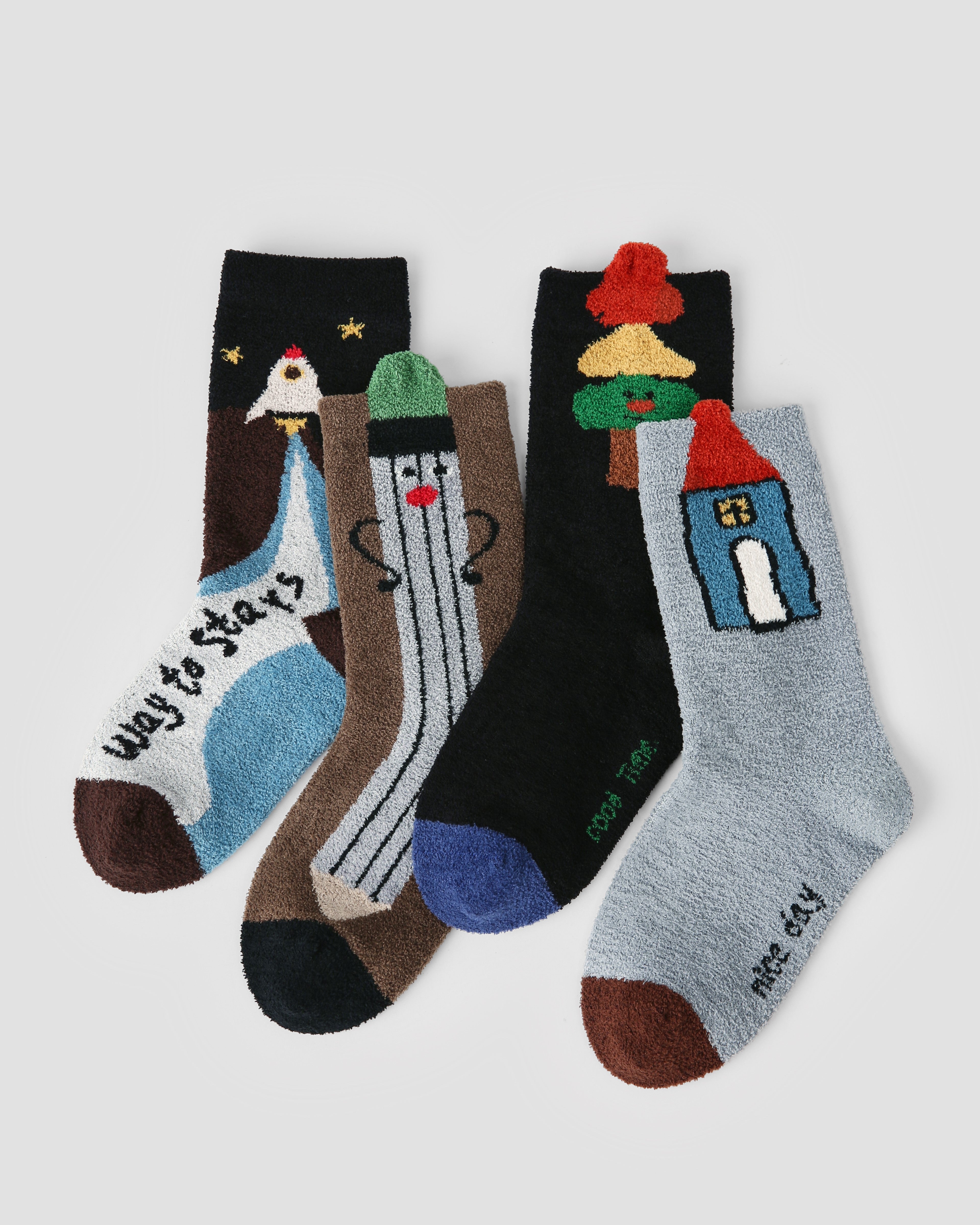 4-Pack Space Notes Half Velvet Kids Socks Cozy Soft Coral Fleece Crew