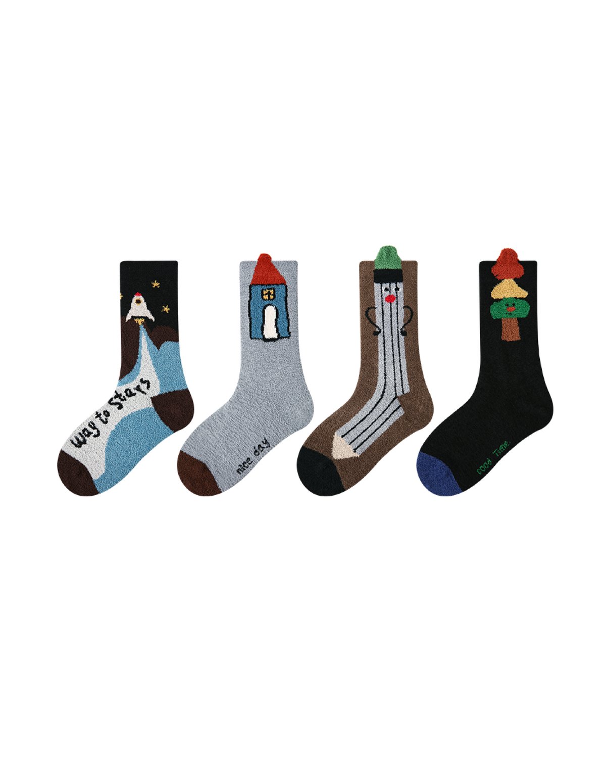 4-Pack Space Notes Half Velvet Kids Socks Cozy Soft Coral Fleece Crew