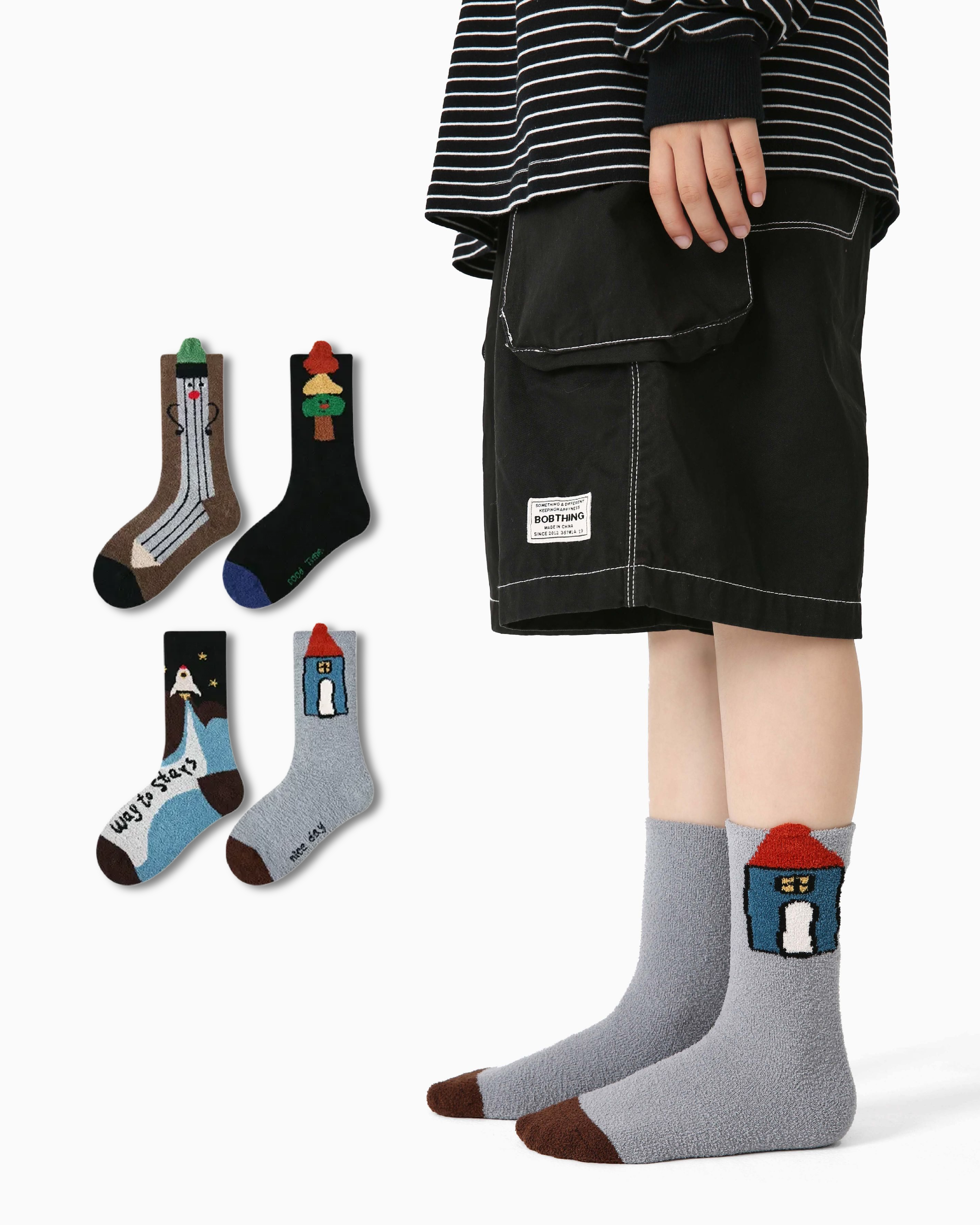 4-Pack Space Notes Half Velvet Kids Socks Cozy Soft Coral Fleece Crew