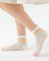 Sweetnana 4-Pack "Sweet Rabbit" Series Children's Seamless Socks: Crimping Mesh Socks with Stripes and Dots Design, Thin and Breathable Ankle Socks.