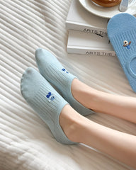Sweetnana 4-Pack Women's Ultra Low Cut No Show Socks for Spring and Summer Thin Cotton Socks Blue Series Animal Embroidery Fun Socks