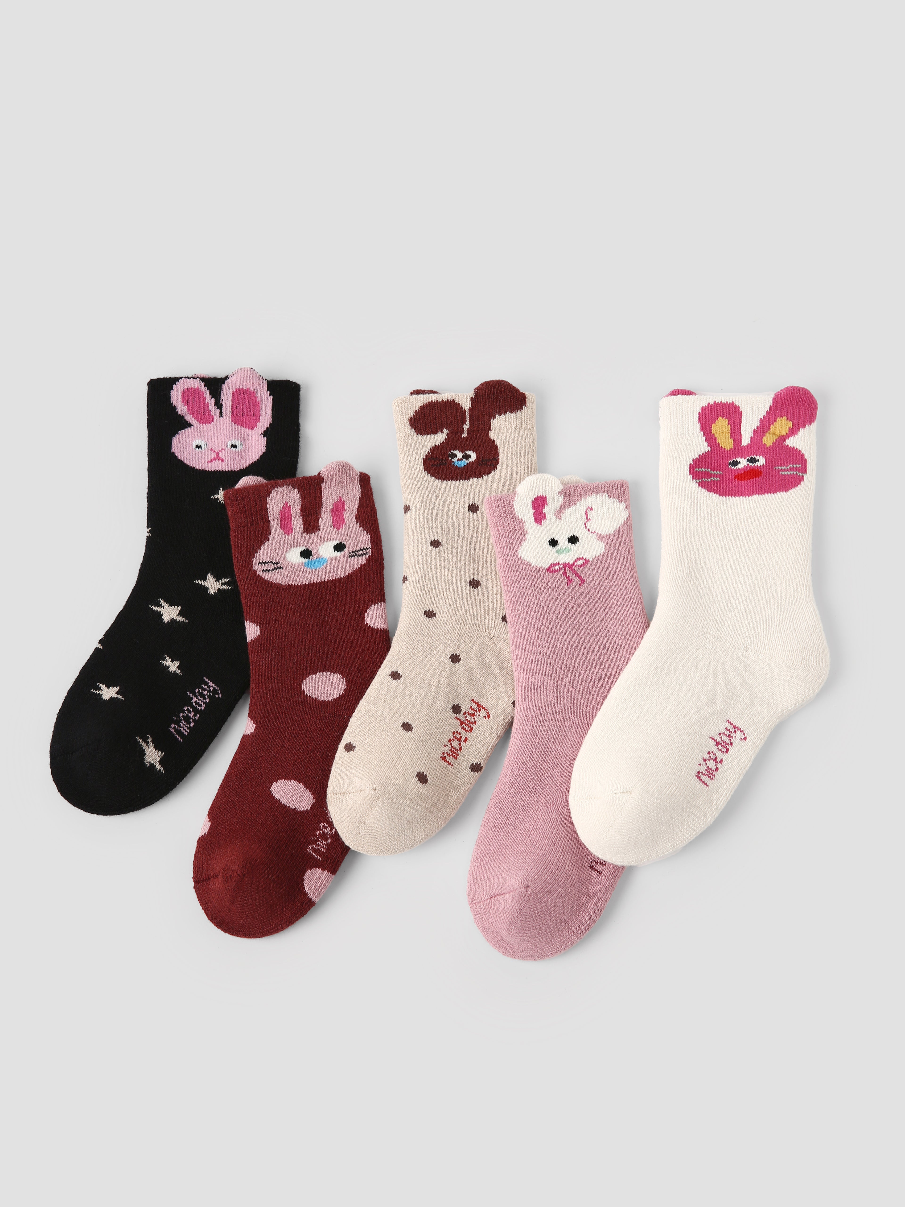 5-팩 3D 토끼 테리 아동 양말 두꺼운 따뜻한 면 크루 양말