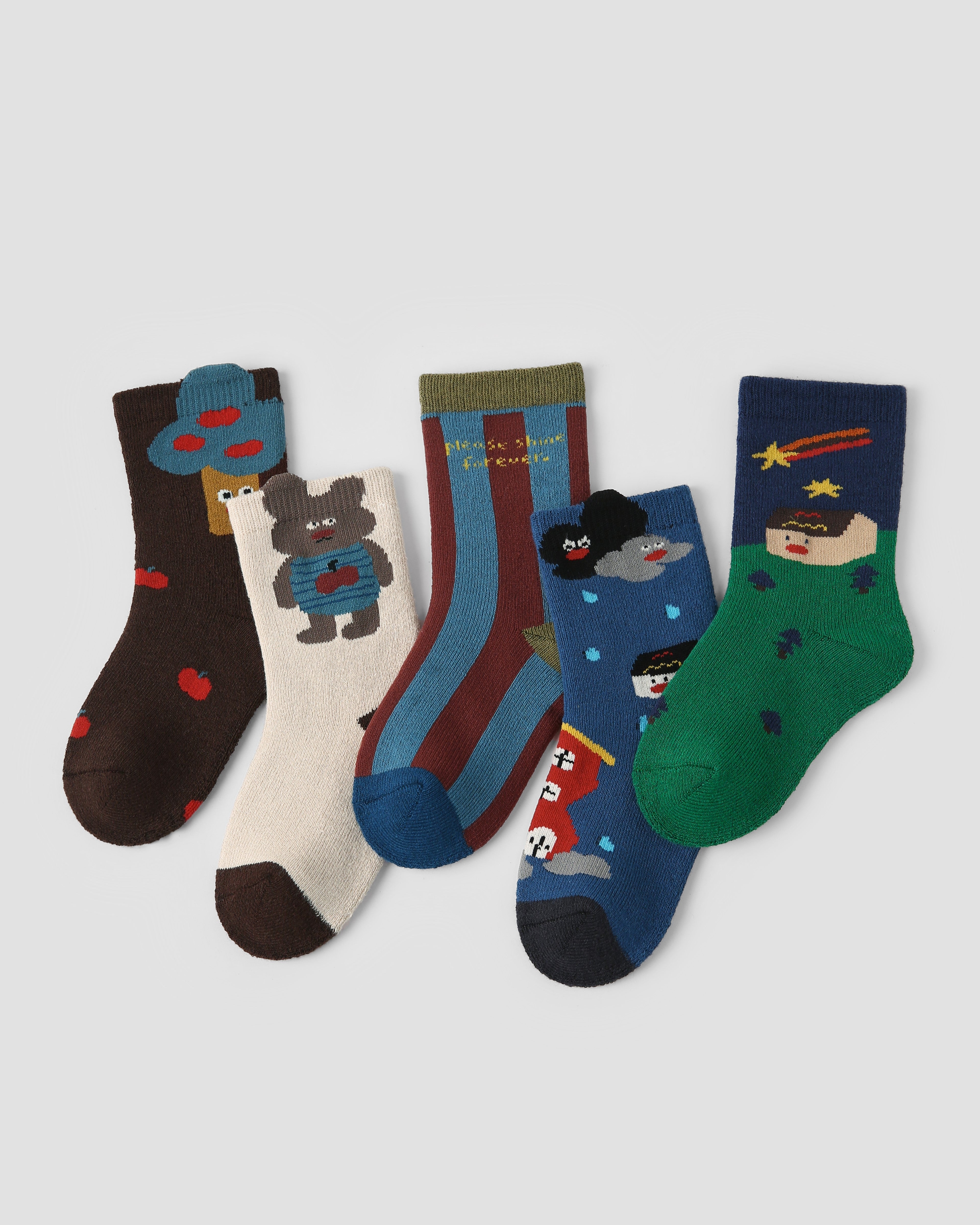 5-Pack Bear Orchard Terry Kids Socks Thick Warm Cotton Crew Socks