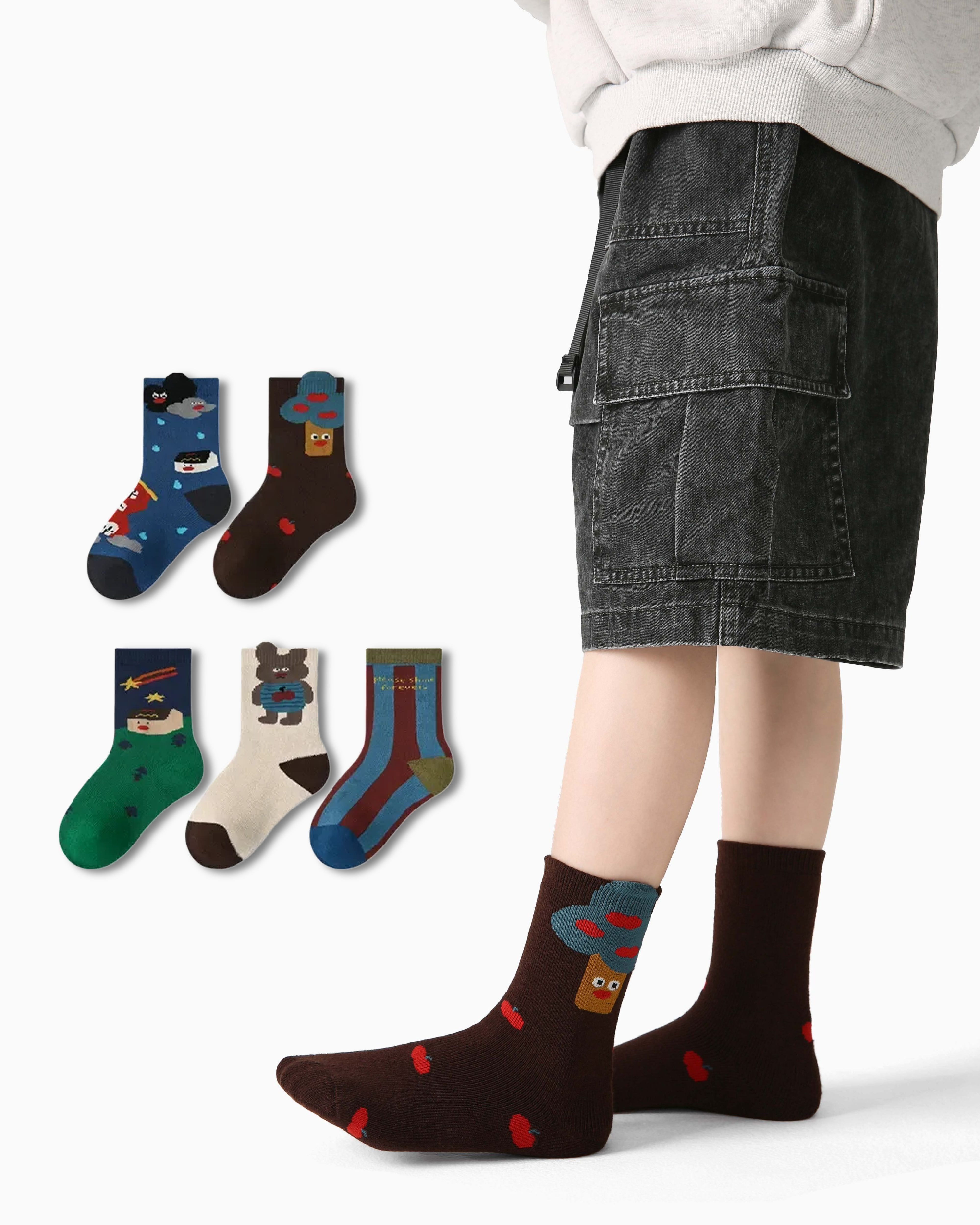 5-Pack Bear Orchard Terry Kids Socks Thick Warm Cotton Crew Socks