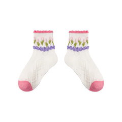 Sweetnana 5-Pack "Beauty Flower" Series Children's Seamless Socks: Kids Socks Girl Spring/Summer Toddler Ankle Socks Pointelle Soft Cotton Thin Mesh Socks.