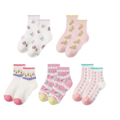 Sweetnana 5-Pack "Beauty Flower" Series Children's Seamless Socks: Kids Socks Girl Spring/Summer Toddler Ankle Socks Pointelle Soft Cotton Thin Mesh Socks.