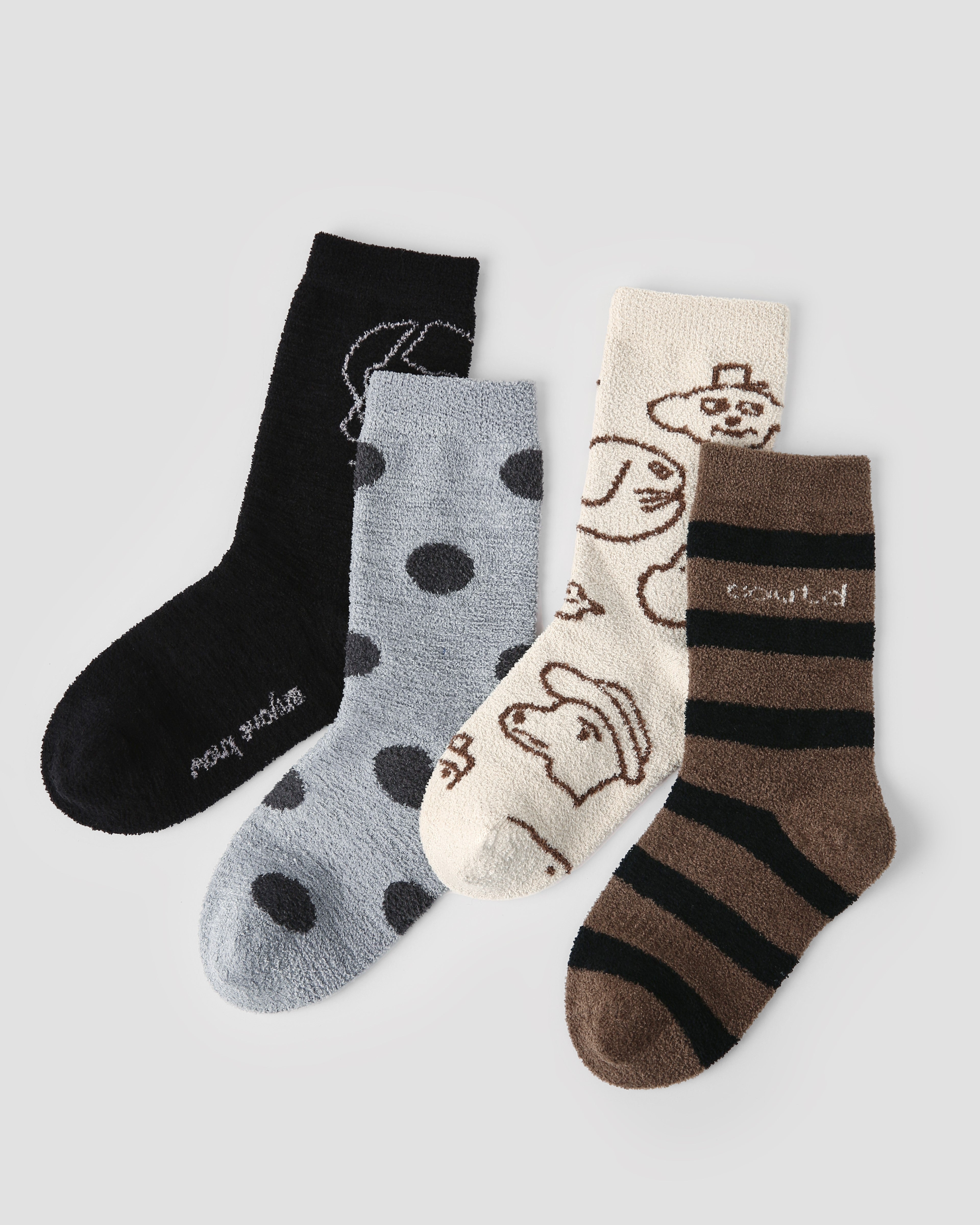 4-팩 블랙 그레이 섀도우 하프 벨벳 키즈 양말 두꺼운 따뜻한 코랄 플리스 크루 양말