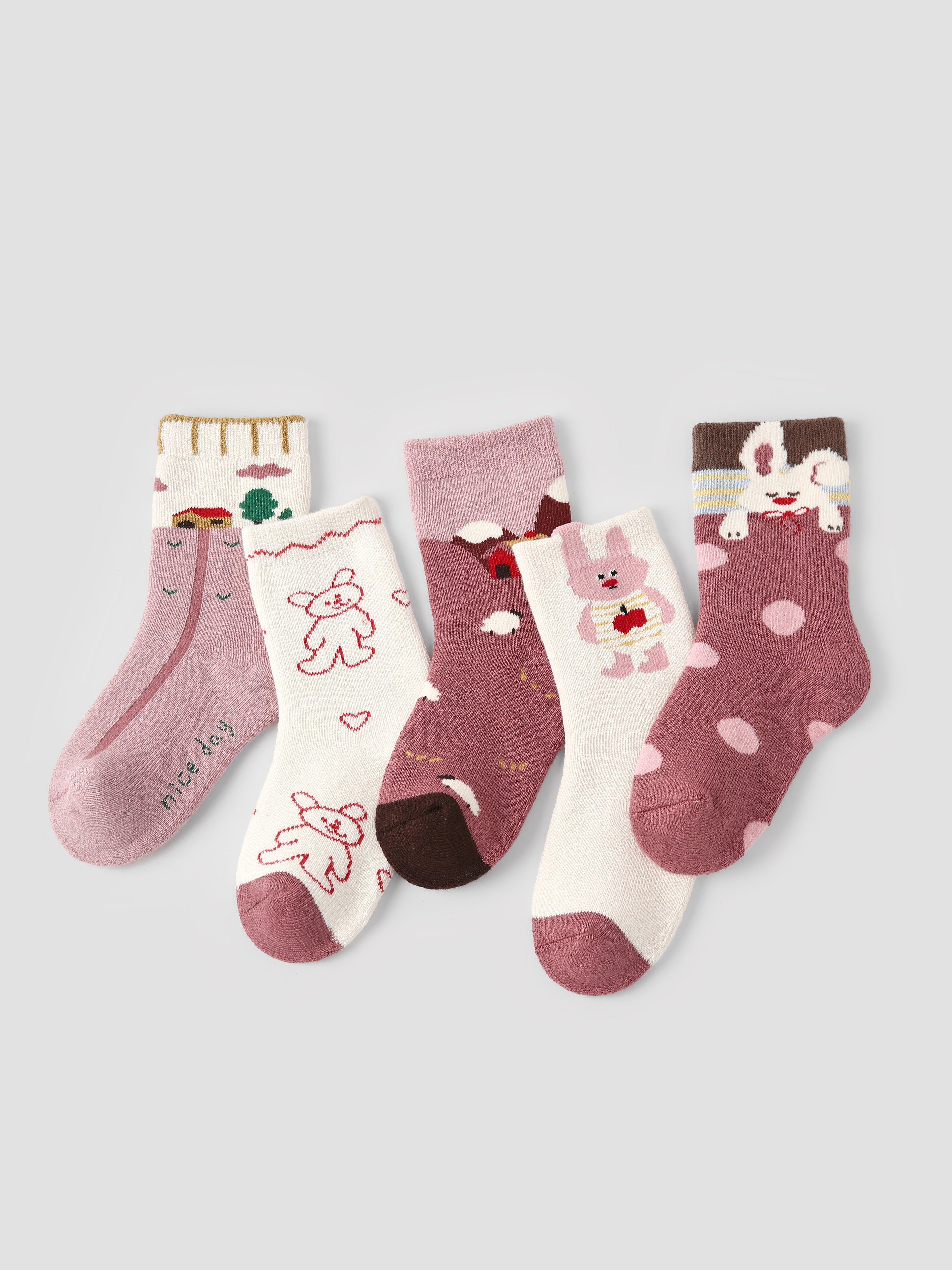 5-팩 버니 타운 테리 키즈 양말 두꺼운 따뜻한 면 크루 양말