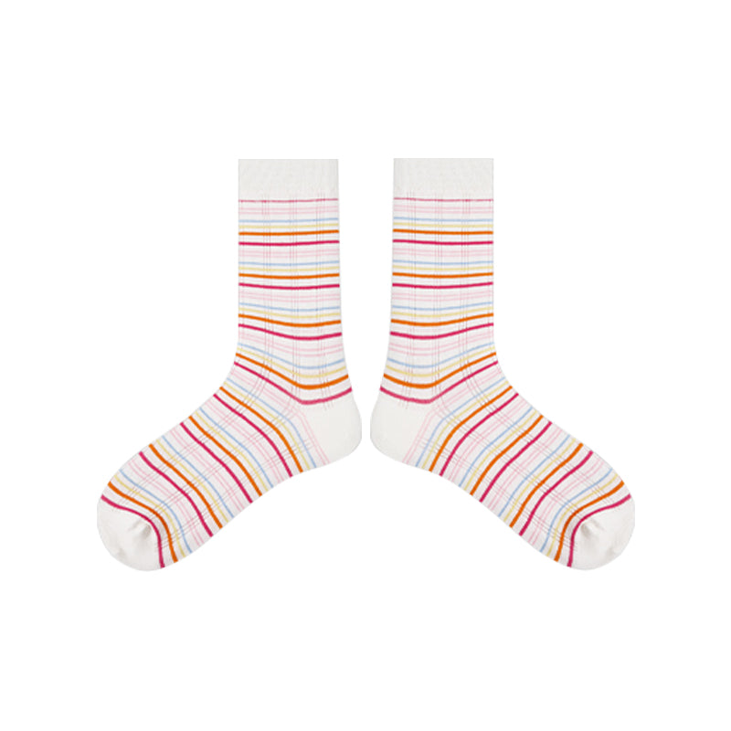 5-Pack Rainbow Line Series Womens Cotton Crew Socks Colorful Stripe Cute