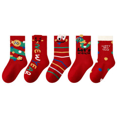 Sweetnana 5-Pack Children's Cotton Crew Socks Chinese New Year of the Snake 2025 Chinese Zodiac Socks, Chinese Natal Year Red Cotton Socks Set