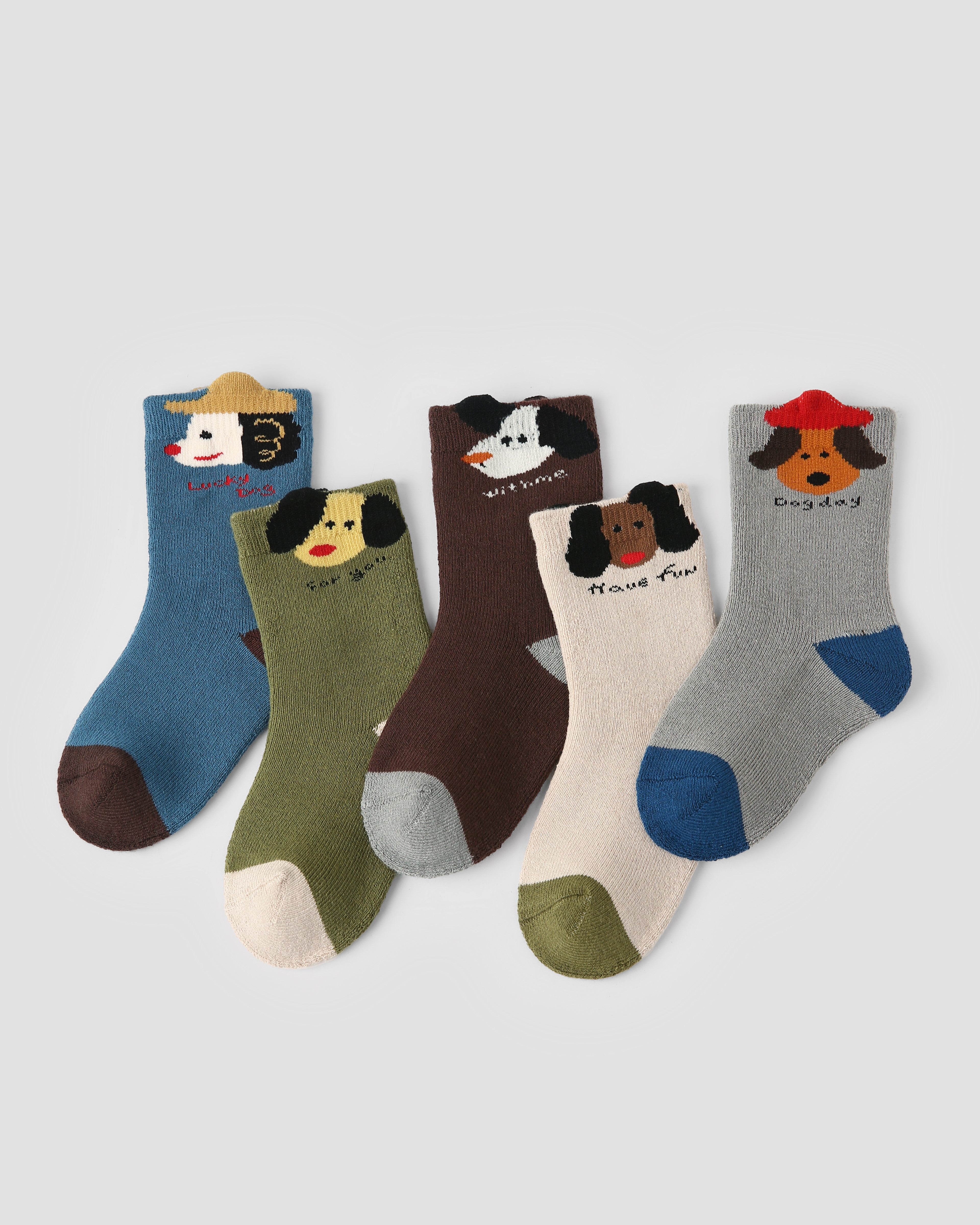 5組合凸面小狗毛圈中筒襪子兒童卡通棉質可愛