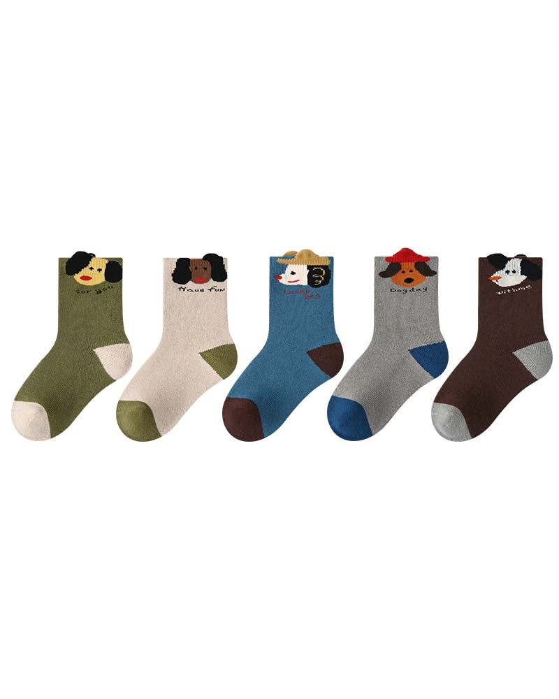 5組合凸面小狗毛圈中筒襪子兒童卡通棉質可愛