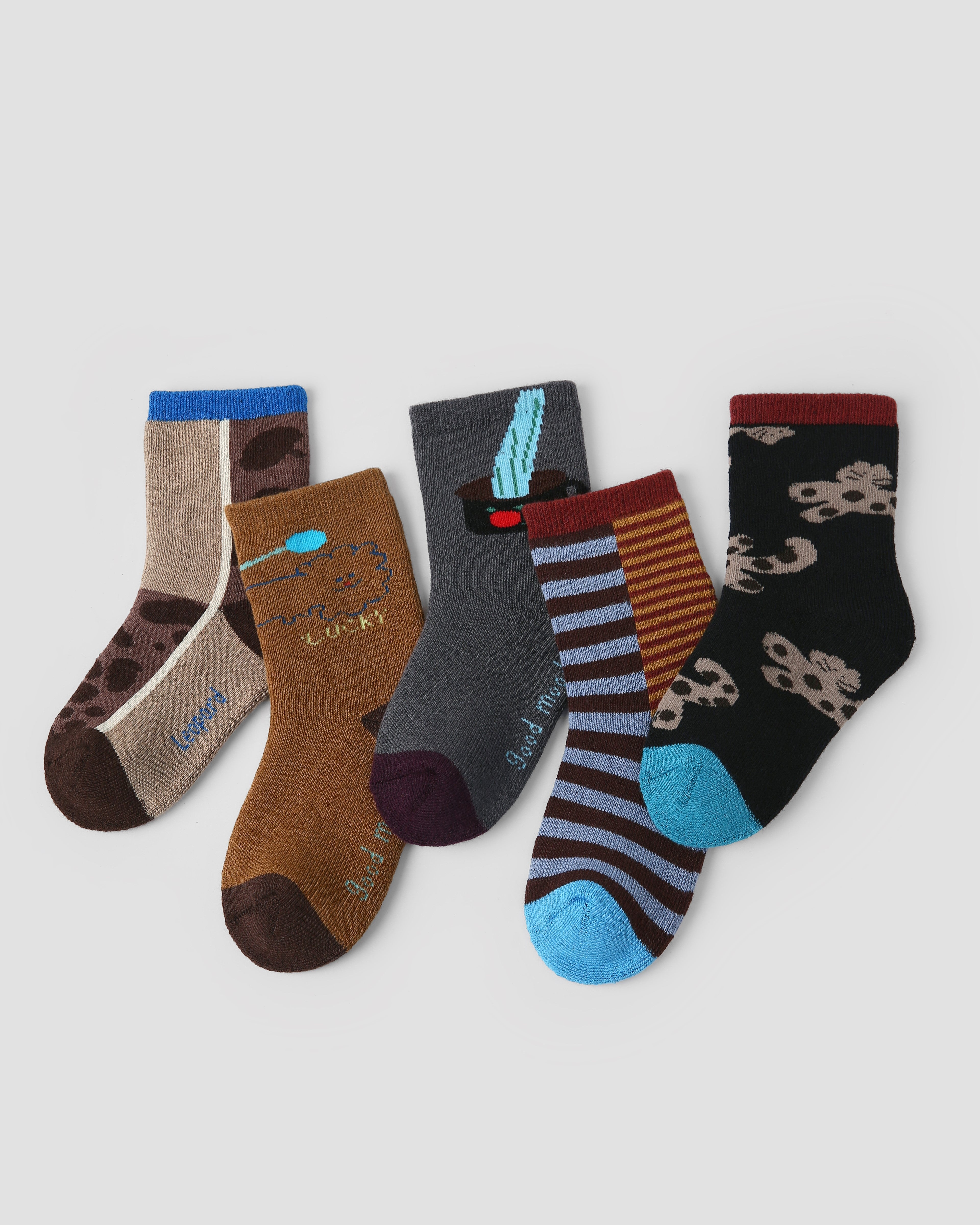 5-팩 쿨 레오파드 테리 키즈 양말 두꺼운 따뜻한 면 크루 양말