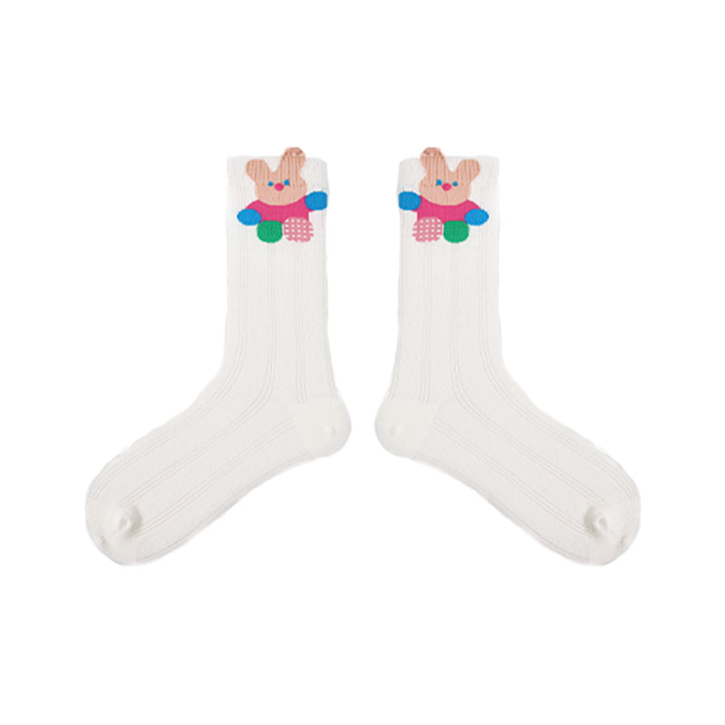 5-Pack Cute Summer Series Womens Cotton Crew Socks Cartoon Mesh Stripe
