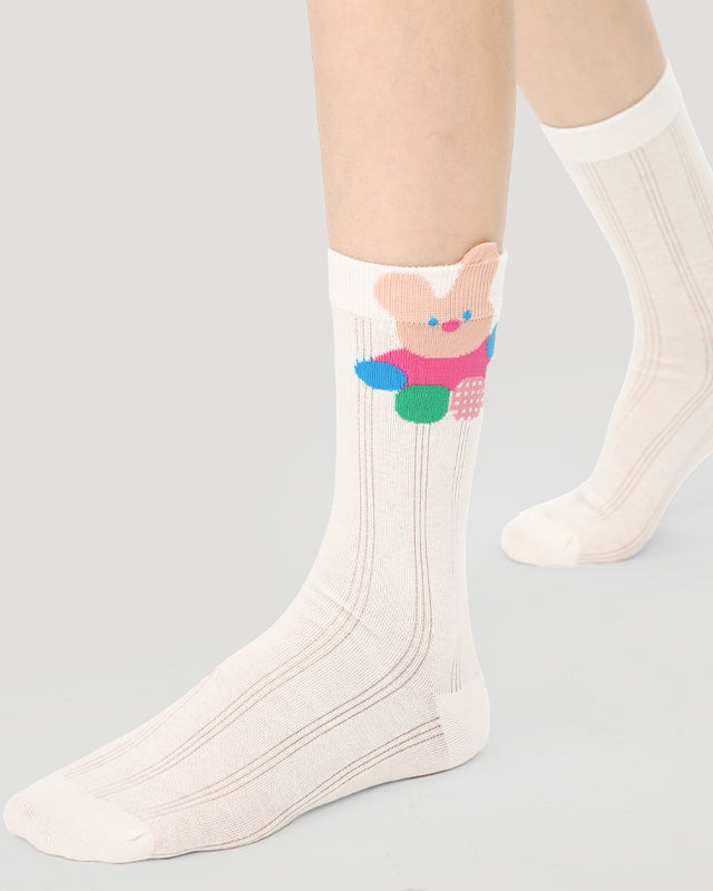 5-Pack Cute Summer Series Womens Cotton Crew Socks Cartoon Mesh Stripe