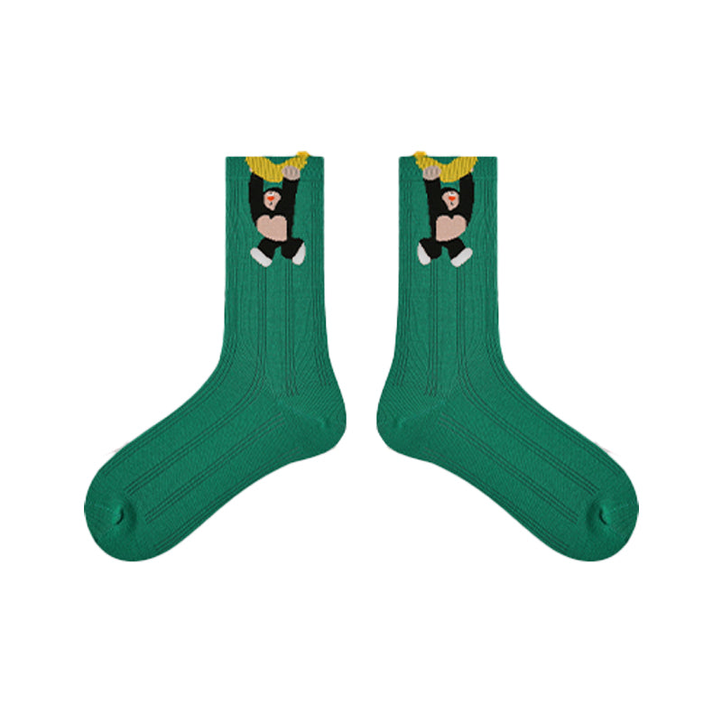 5-Pack Cute Summer Series Womens Cotton Crew Socks Cartoon Mesh Stripe