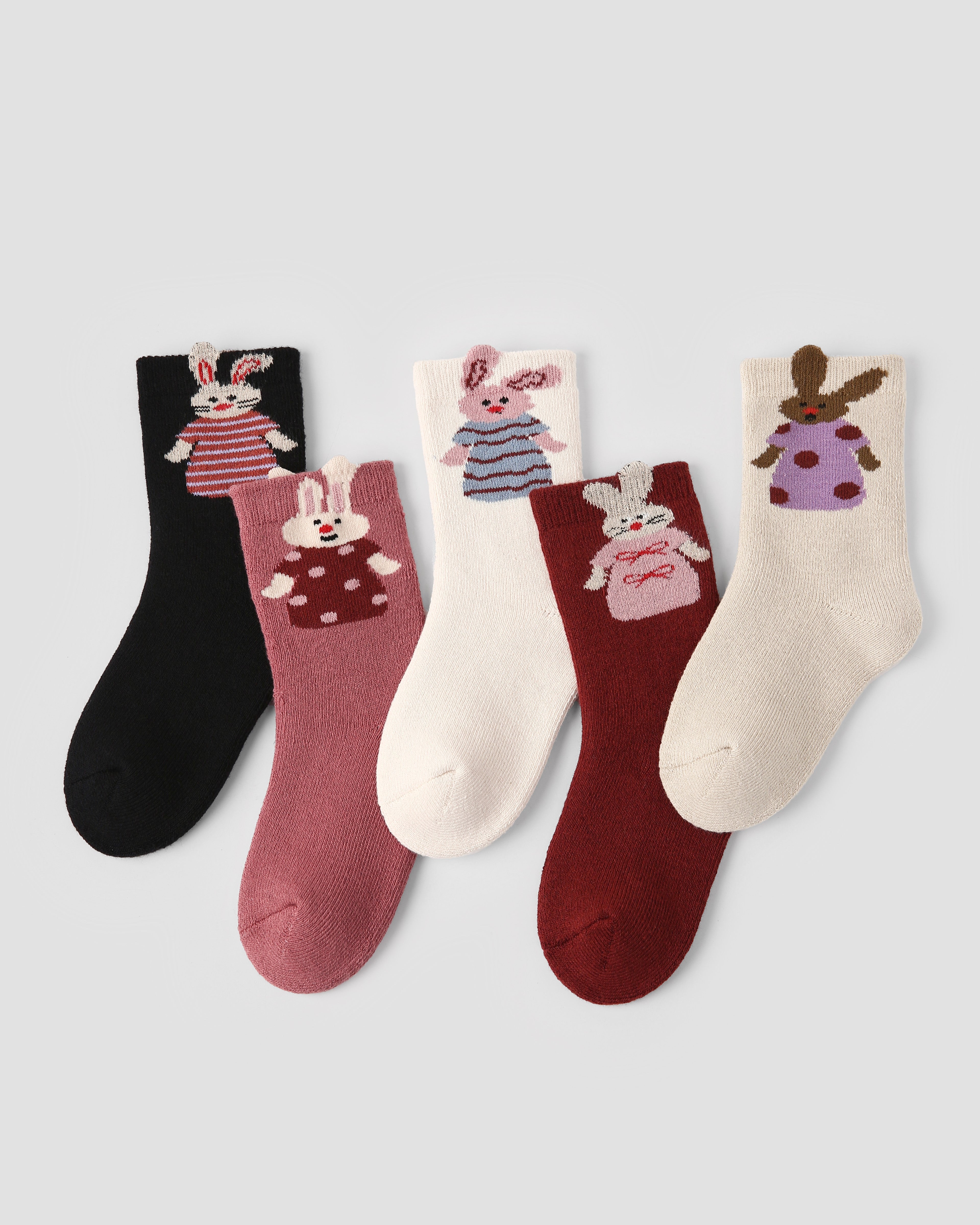 5パック エネルギッシュバニー テリー キッズ ソックス 厚手 暖かい コットン クルー ソックス