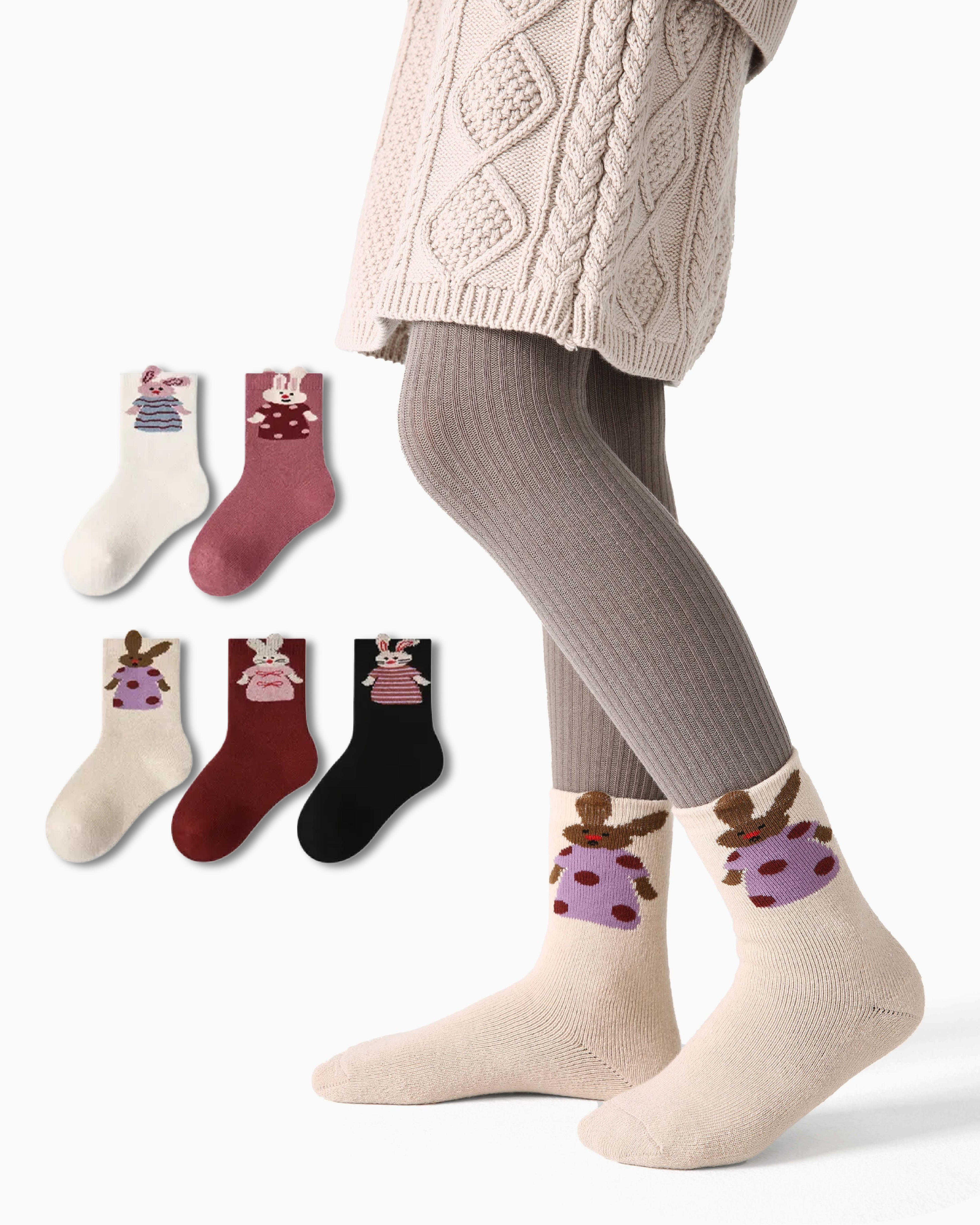 5パック エネルギッシュバニー テリー キッズ ソックス 厚手 暖かい コットン クルー ソックス