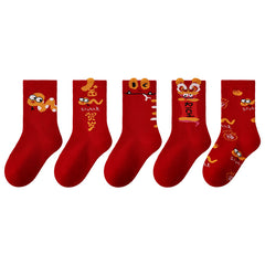 Sweetnana 5-Pack Festive Red Socks Children's Crew Socks Chinese Zodiac Socks New Year of the Snake