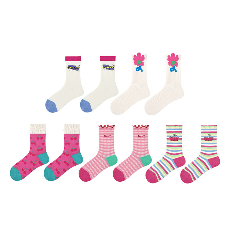 5-Pack Women's Cotton Crew Socks Flower Sea Series Colorful Cute