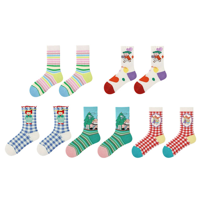 5-Pack Women's Cotton Crew Socks Life Ditty Series Cute Colorful
