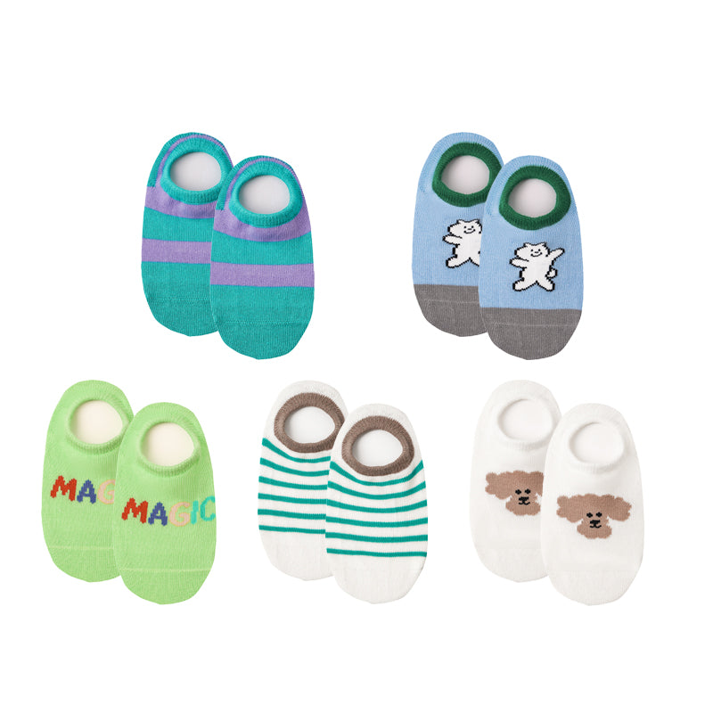 5-Pack Kids' Cotton No Show Socks Magic Puppy Anti Slip Cute Casual