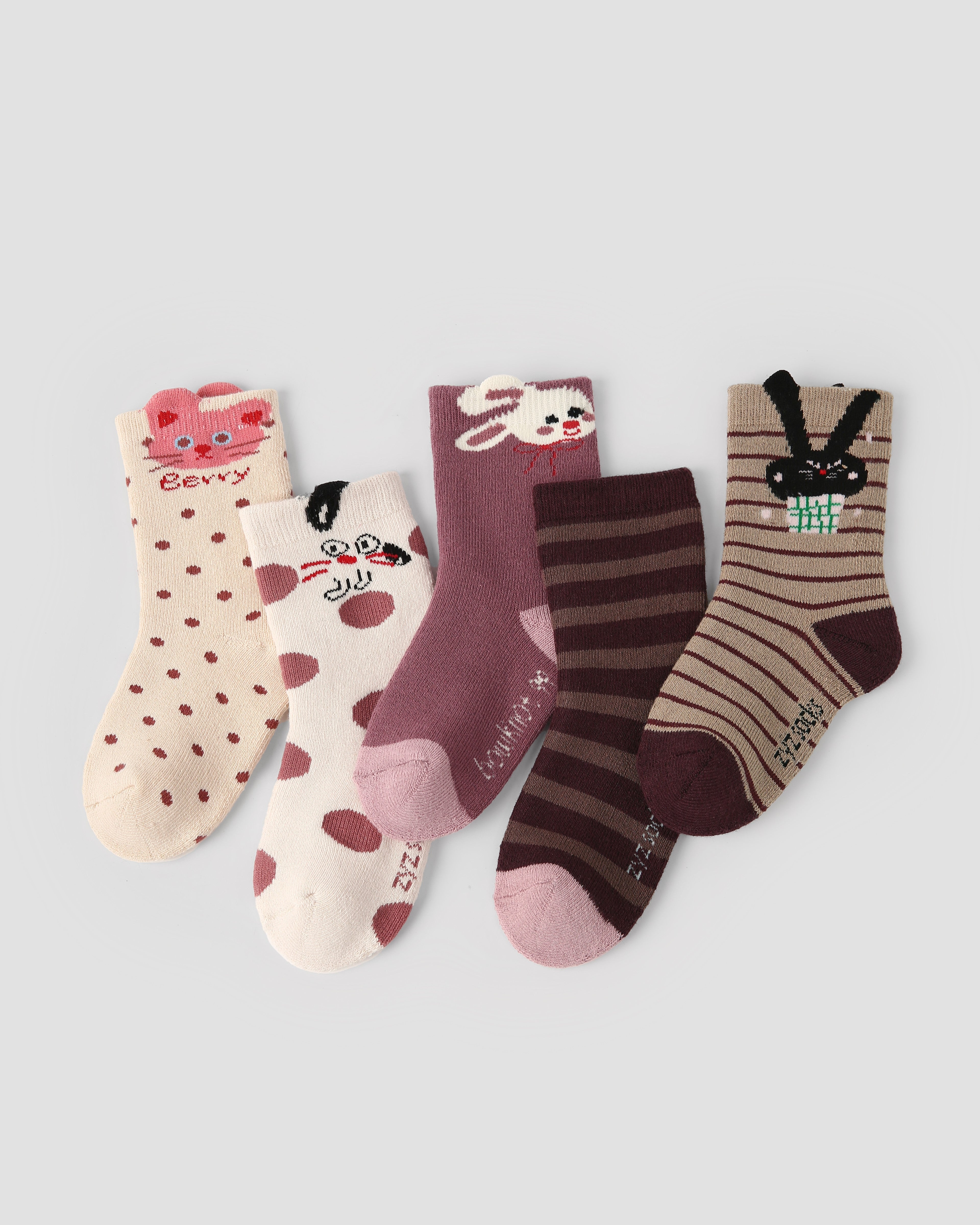 5-팩 모카 버니 테리 키즈 양말 두꺼운 따뜻한 면 크루 양말