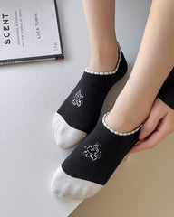 Sweetnana 5-Pack No Show Socks Women's Cotton Casual Socks Black&White Girl Cartoon Embroidered Invisible Socks Thin Breathable for Spring and Summer